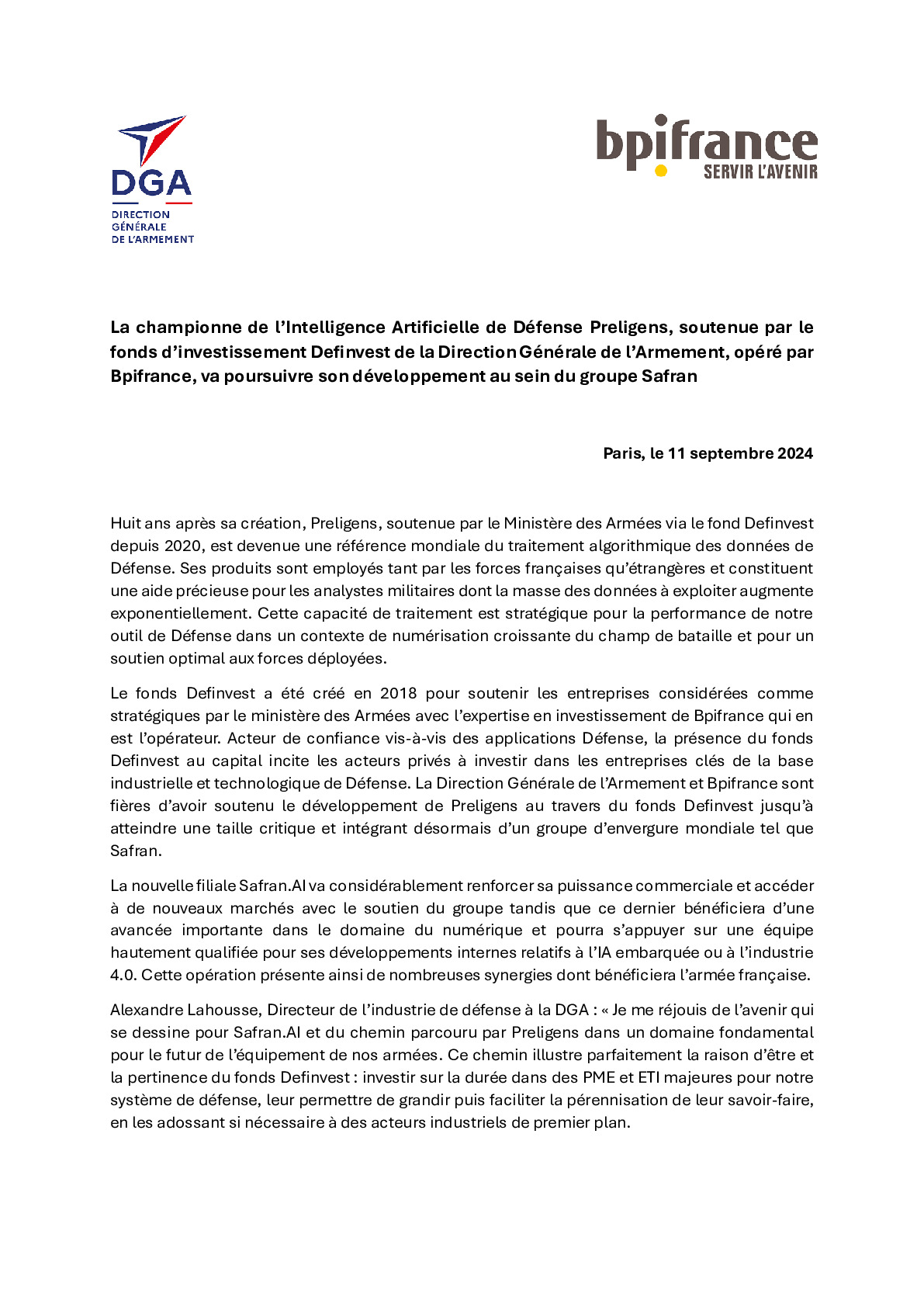 2024 09 11 – CP – Preligens, soutenue par le fonds d’investissement Definvest de la DGA, opéré par Bpifrance, va poursuivre son développement au sein du groupe Safran