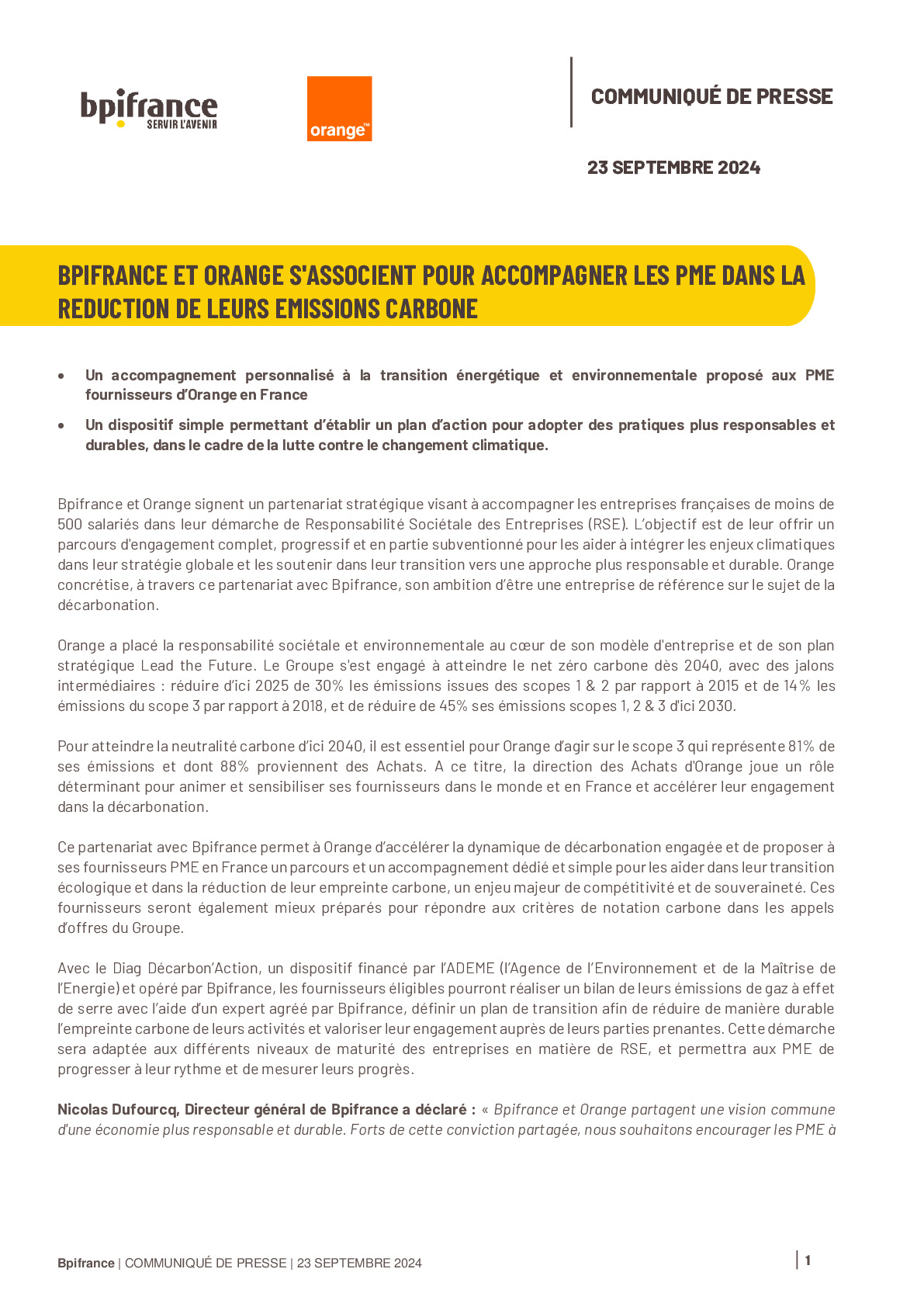 2024 09 19 CP – Bpifrance et Orange s’associent pour accompagner les PME dans la réduction de leurs émissions Carbone