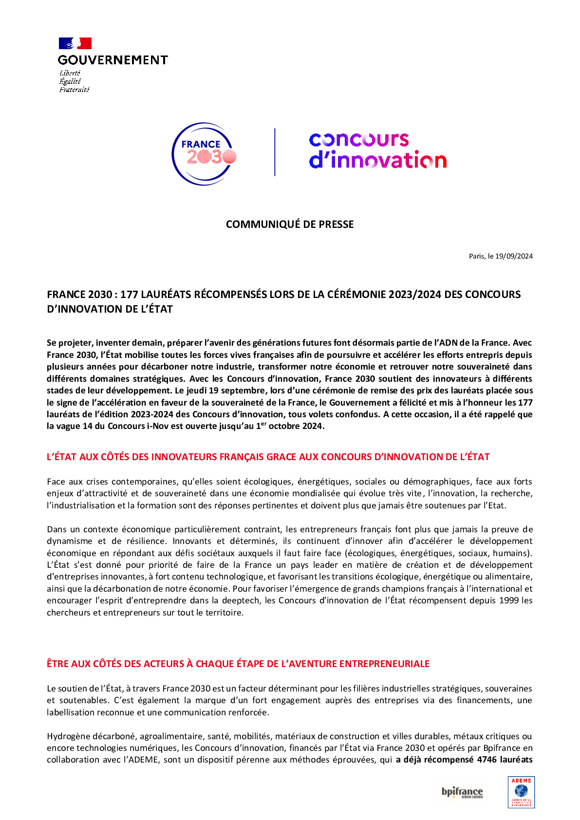 2024 09 19 CP – FRANCE 2030  177 LAURÉATS RÉCOMPENSÉS LORS DE LA CÉRÉMONIE 20232024 DES CONCOURS D’INNOVATION DE L’ÉTAT