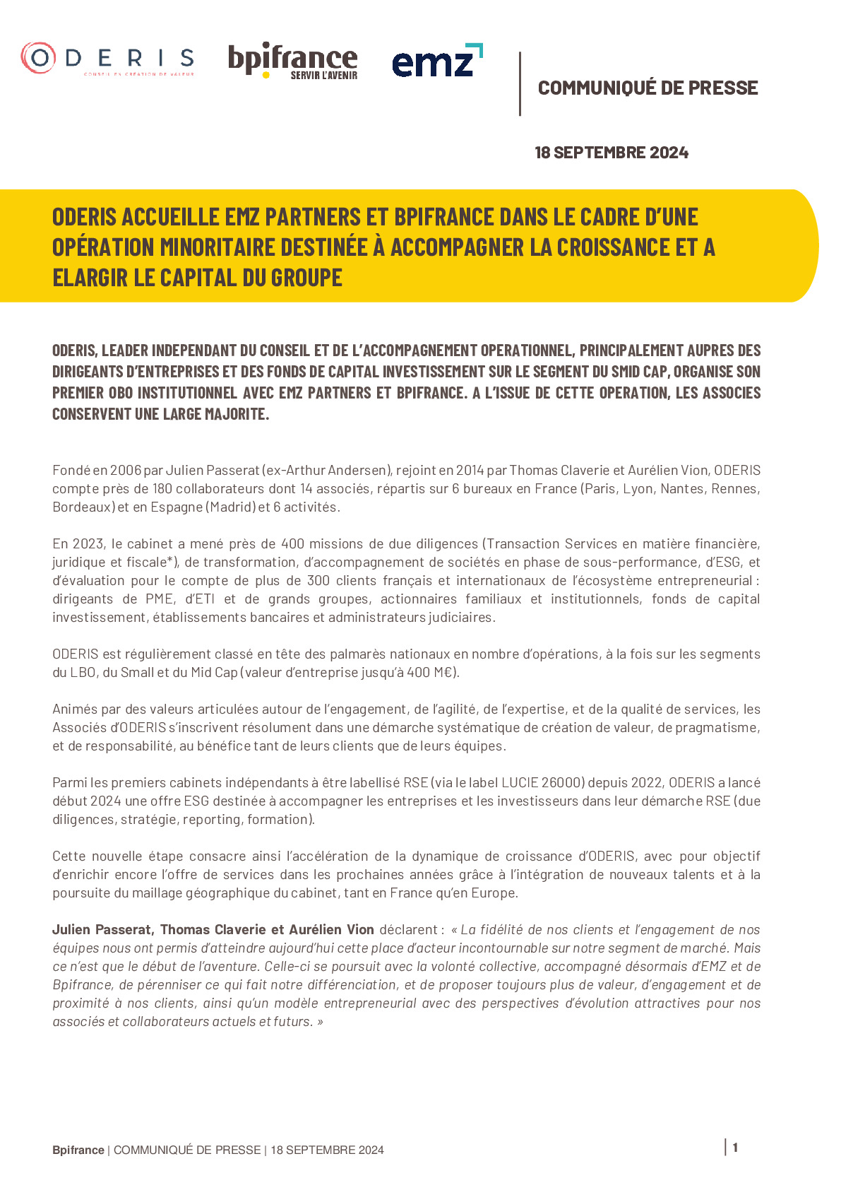 2024 09 18 – CP ODERIS ACCUEILLE EMZ PARTNERS ET BPIFRANCE