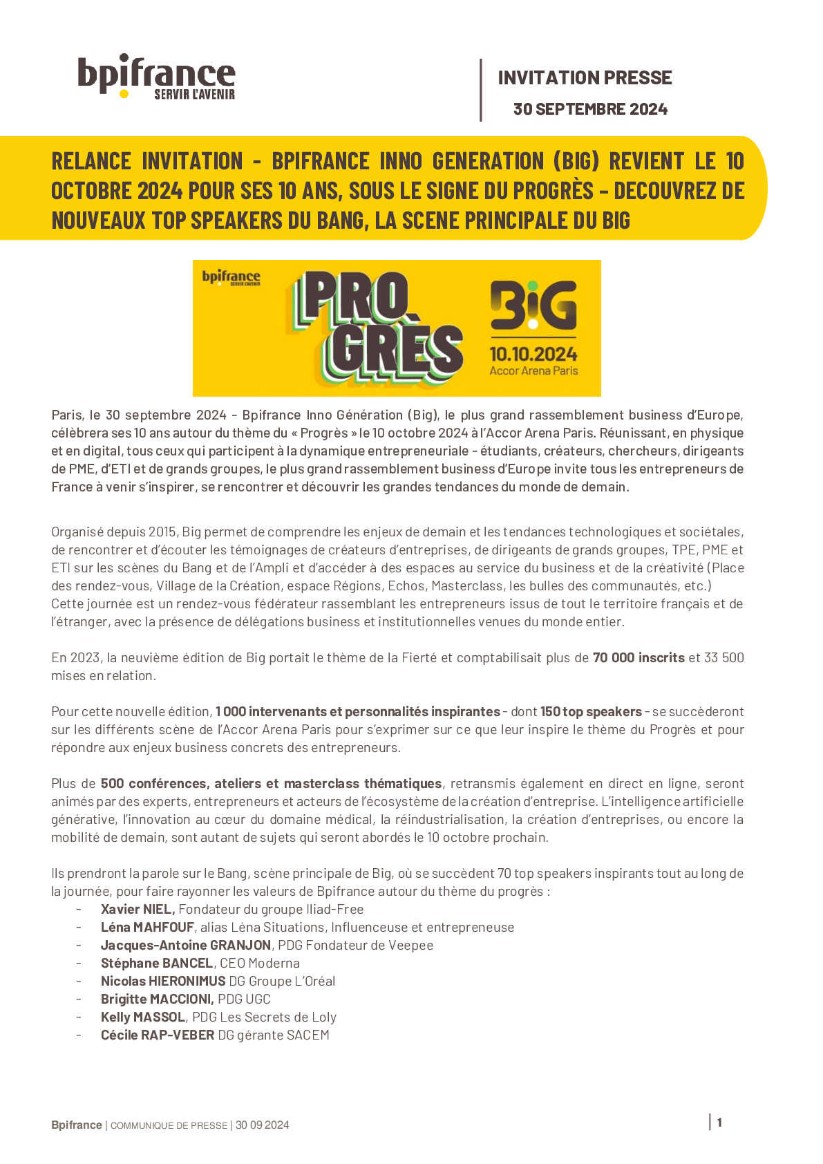 2024 09 30 – Relance Invitation – Bpifrance Inno Génération (Big) revient le 10 octobre 2024 pour ses 10 ans, sous le signe du Progrès