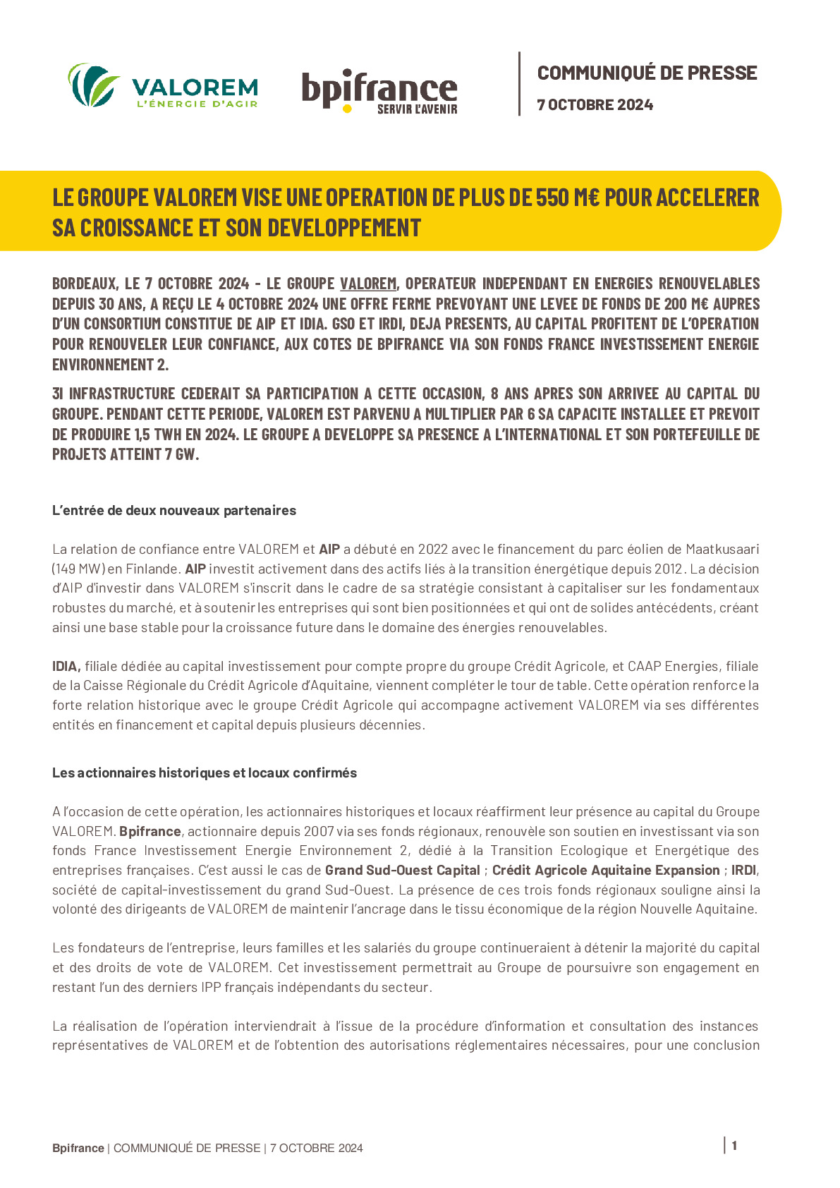 2024 10 07 – Le Groupe Valorem vise une opération de plus de 550M€ pour accélérer sa croissance et son développement