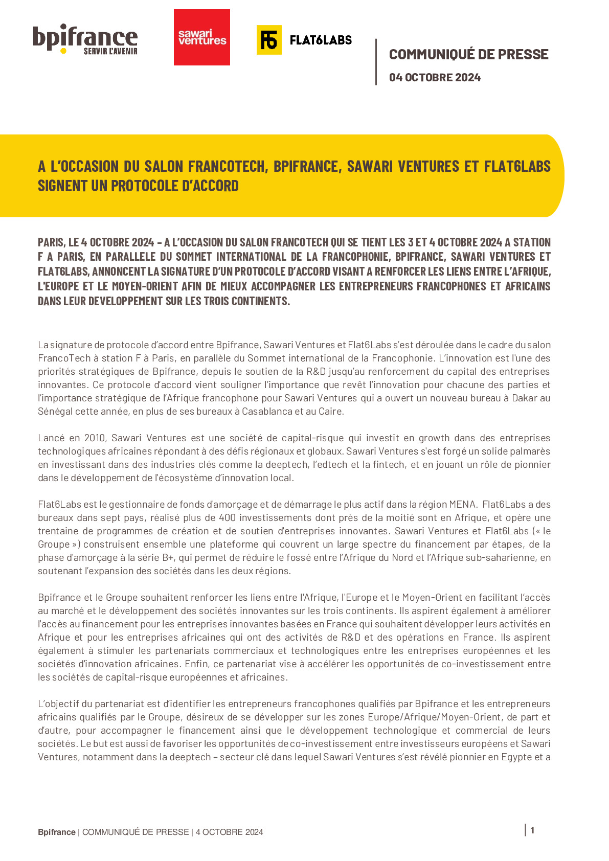 2024 10 04 – CP Bpifrance – A l’occasion du salon Francotech Bpifrance Sawari ventures et Flat6labs signent un protocole d’accord