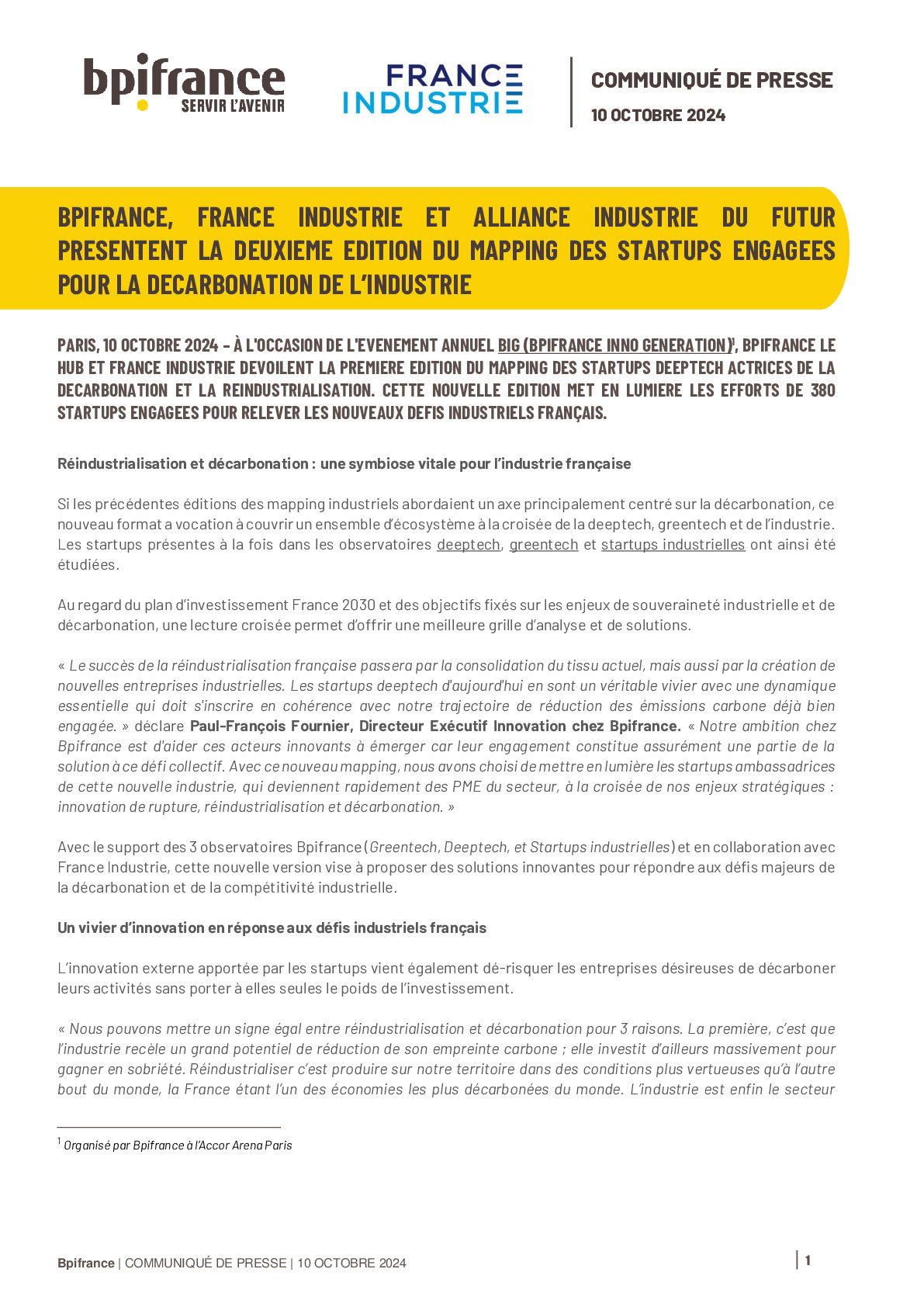 2024 10 10 – Bpifrance et France Industrie présentent la première édition du Mapping des startups deeptech engagées pour la décarbonation et la réindustrialisation