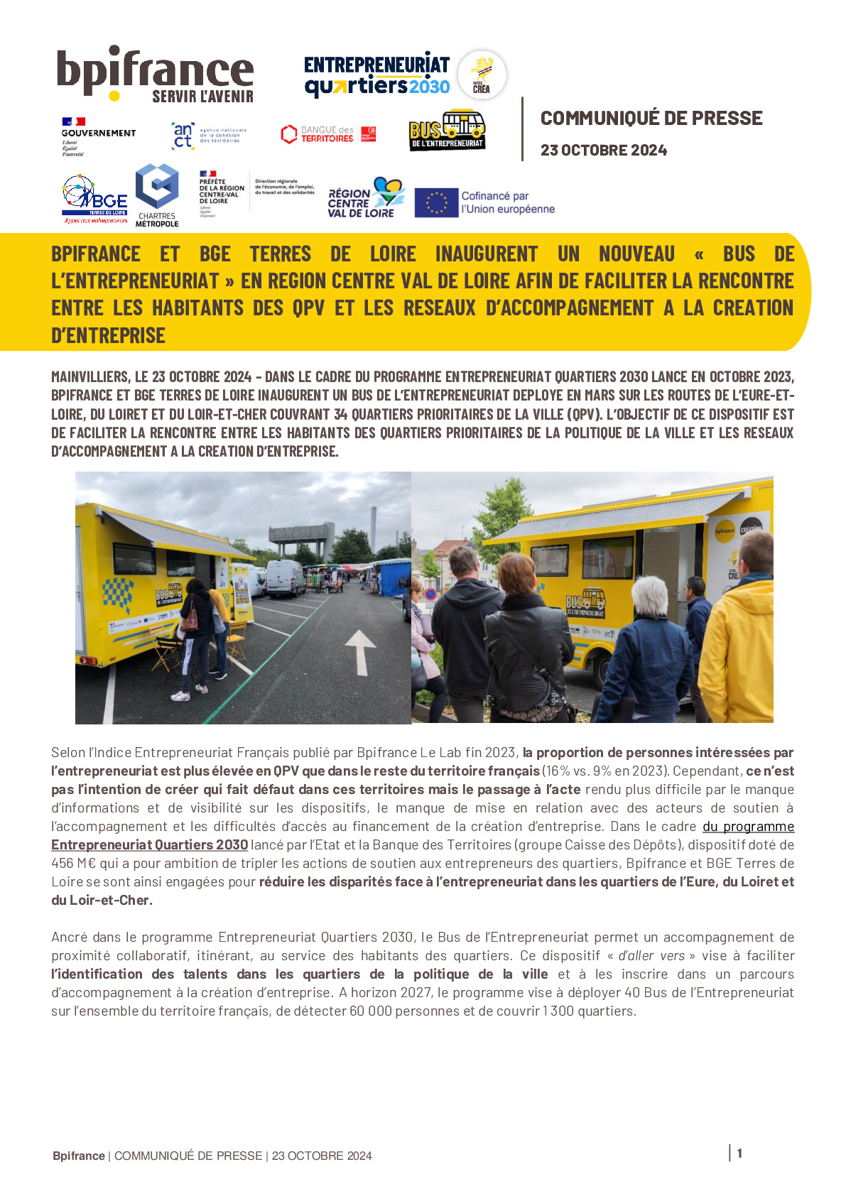 2024 10 23 – CP Bpifrance – Bpifrance et BGE Terres de Loire déploient un nouveau Bus de l’entrepreneuriat en région Centre-Val-de-Loire