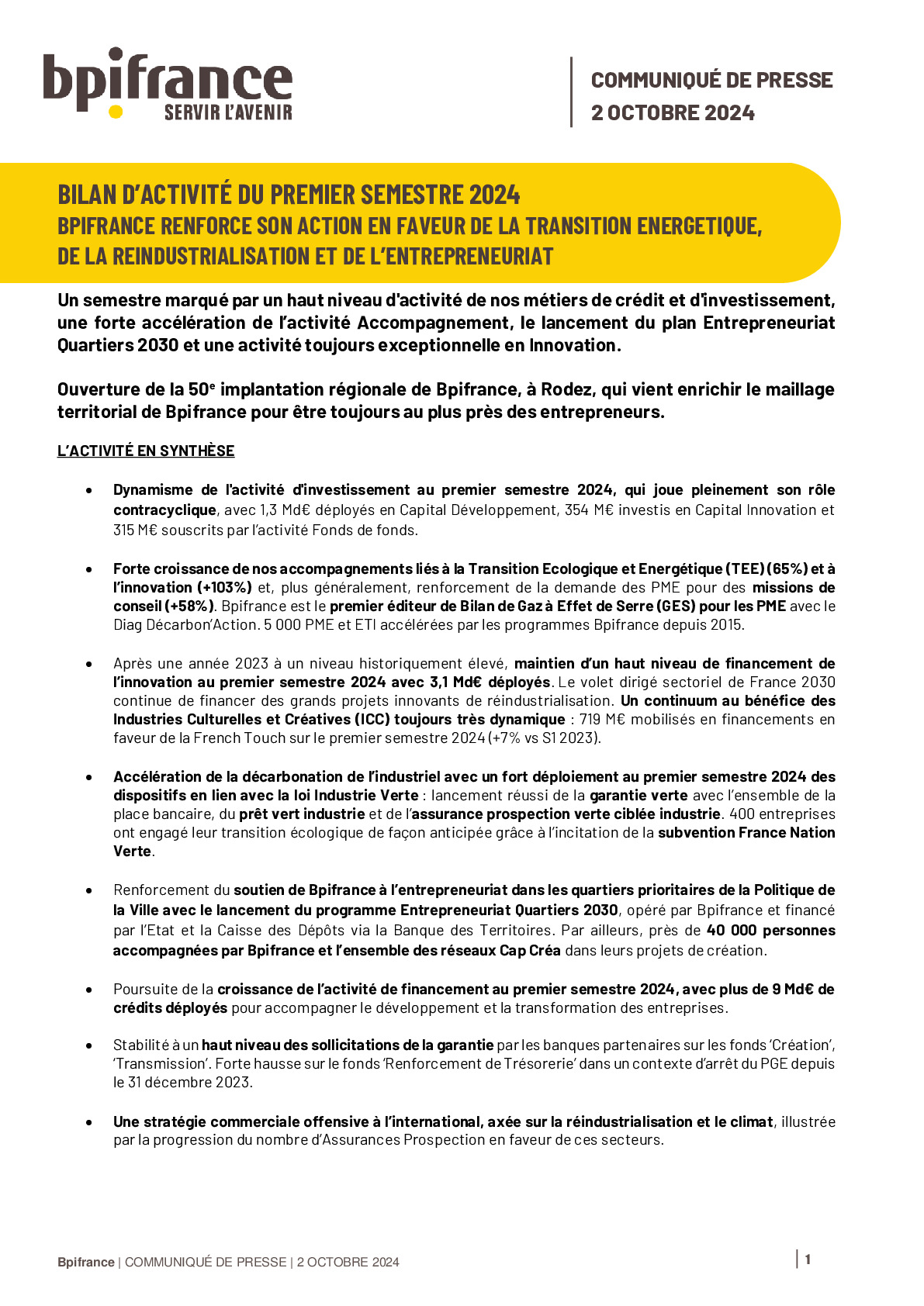 2024 10 02 – CP BPIFRANCE – BILAN D’ACTIVITÉ DU PREMIER SEMESTRE 2024