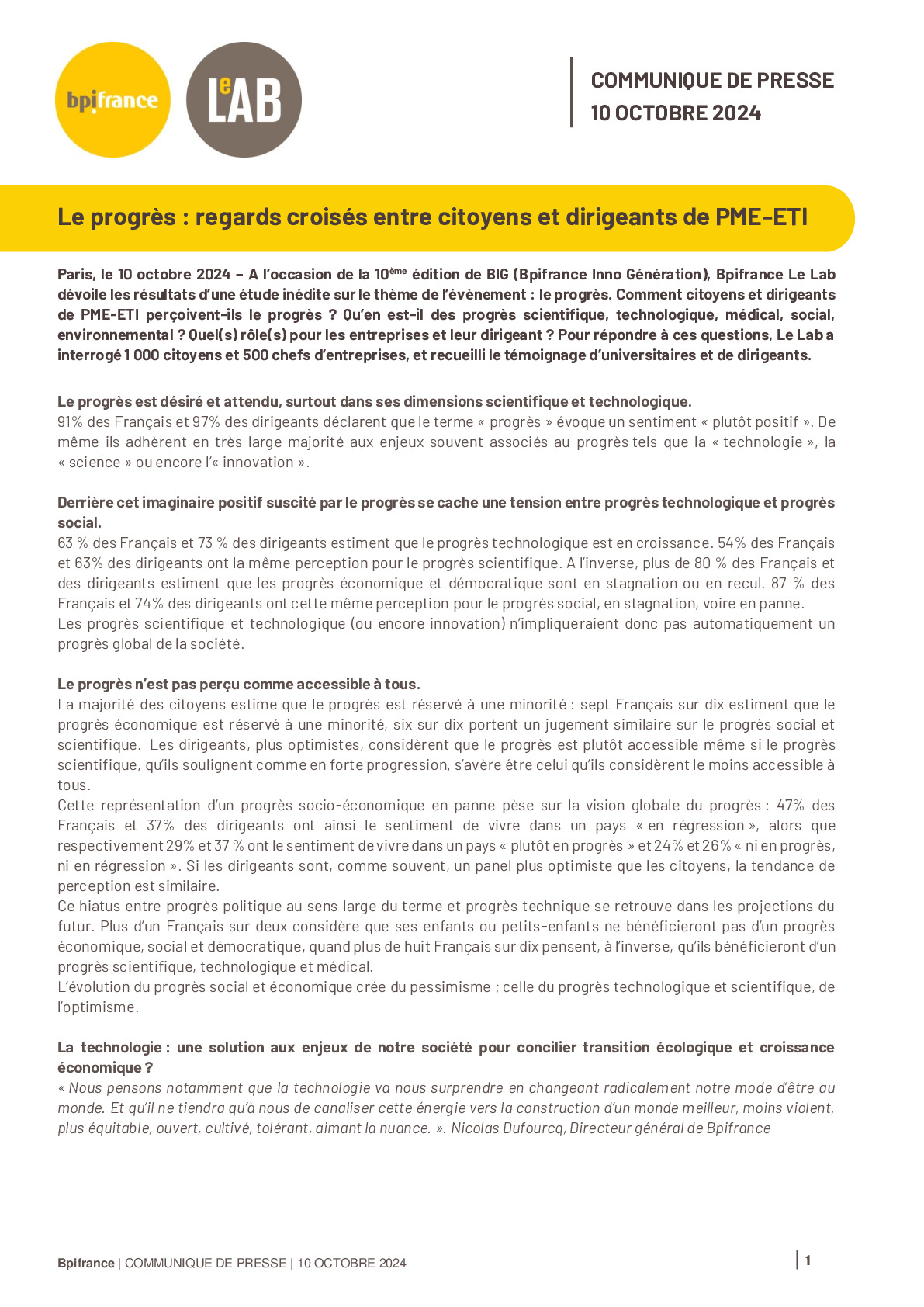 2024 10 10 – Bpifrance Le Lab – Etude Le progrès, regards croisés entre citoyens et dirigeants de PME-ETI