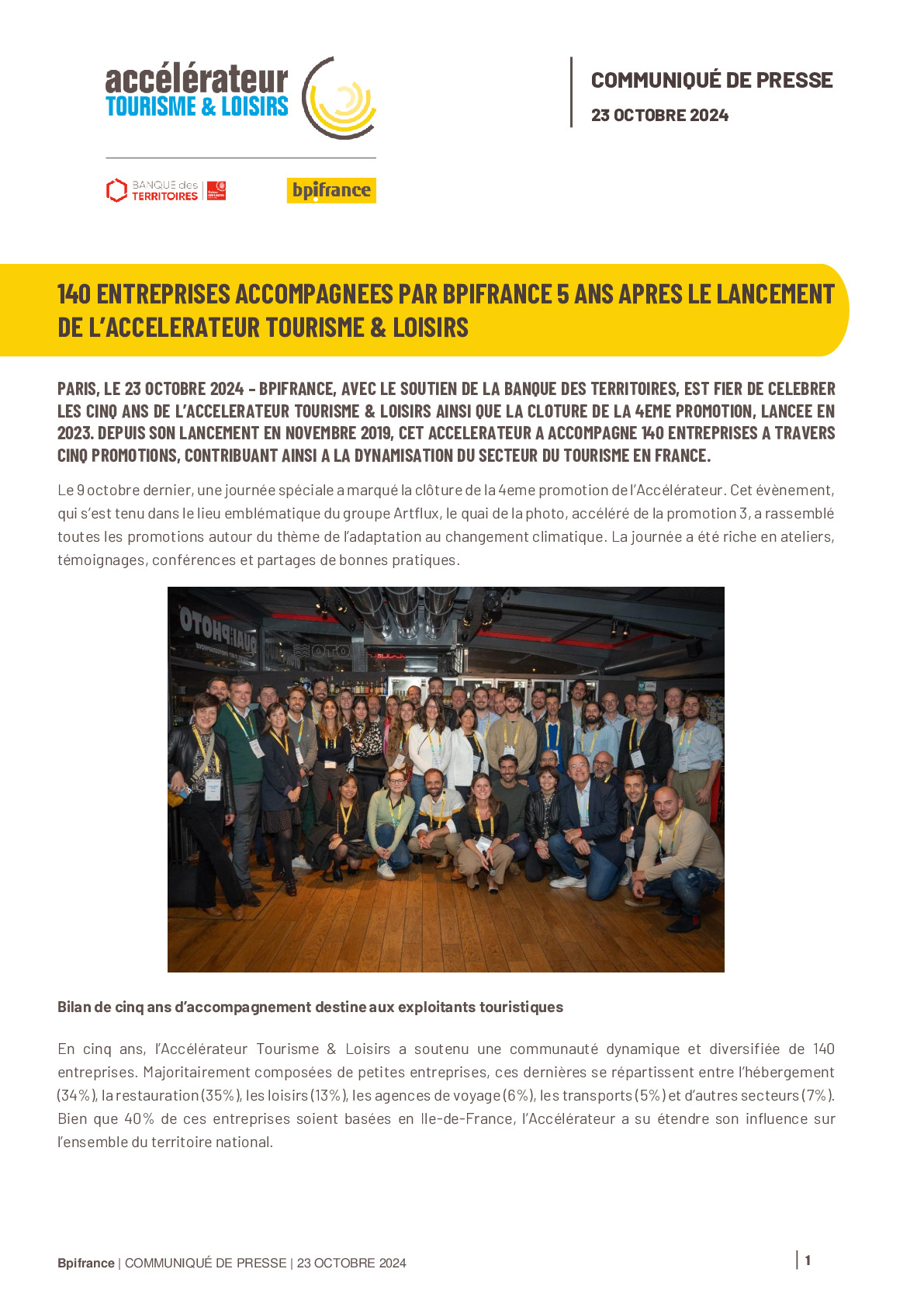 2024 10 23 – 140 entreprises accompagnées par Bpifrance 5 ans après le lancement de lAccélérateur Tourisme  Loisirs