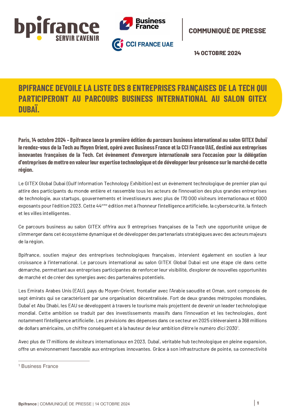 2024 10 14 Bpifrance dévoile la liste des 8 entreprises françaises de la Tech qui participeront au Parcours Business