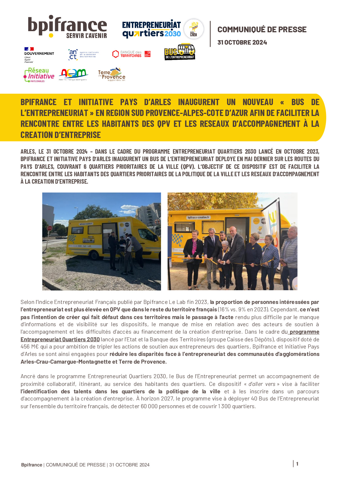 2024 10 31 – BPIFRANCE ET INITIATIVE PAYS D’ARLES INAUGURENT UN NOUVEAU « BUS DE L’ENTREPRENEURIAT »