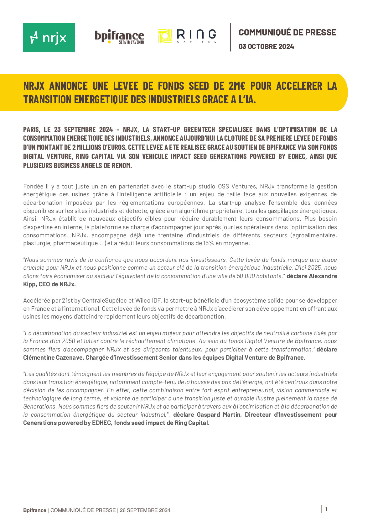 2024 10 03 – CP NRJx annonce une levée de fonds seed de 2M€ pour accélérer la transition énergétique des industriels grâce à l’IA