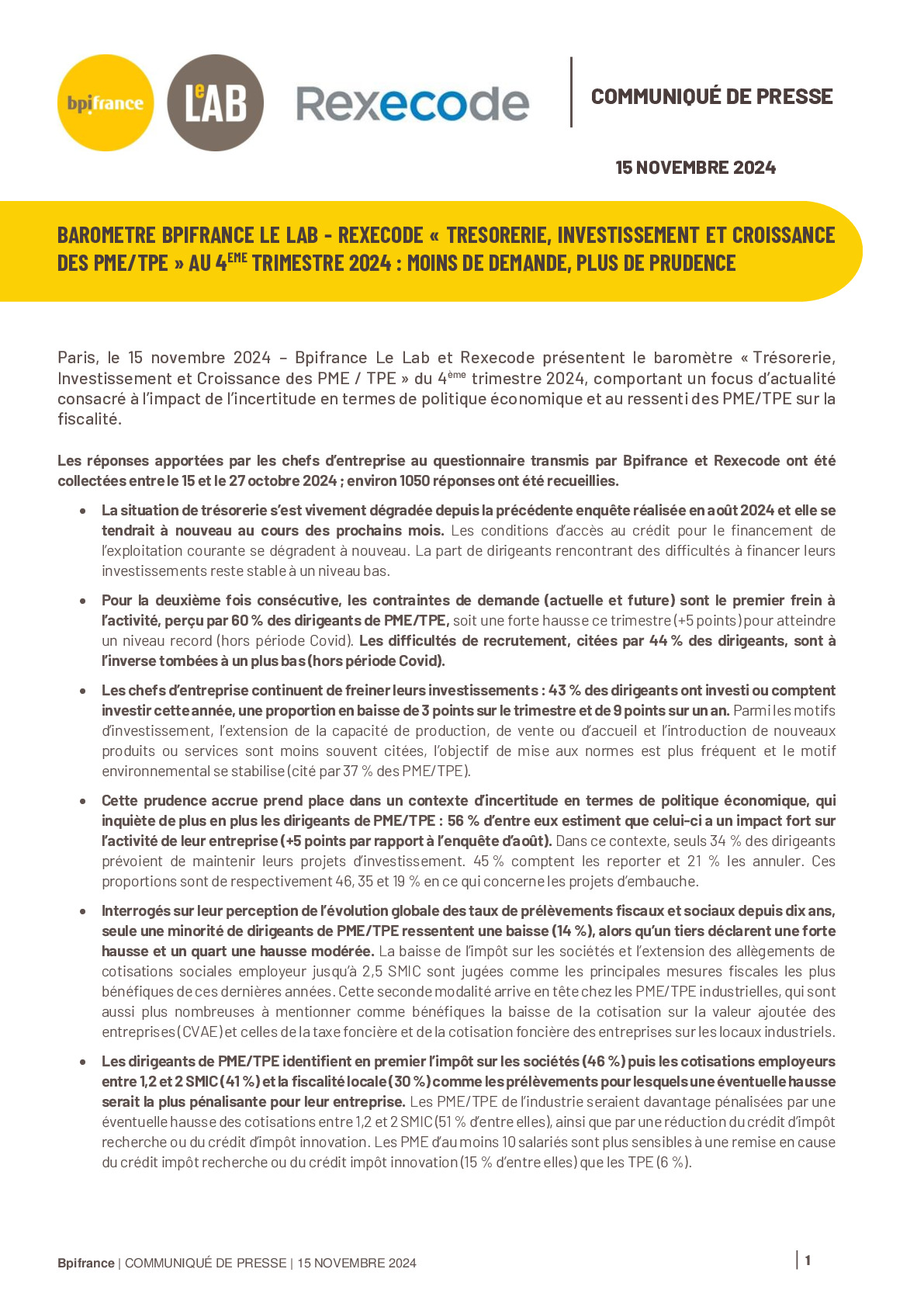 2024 11 15 – CP Barometre PME Bpifrance et Rexecode T4 2024