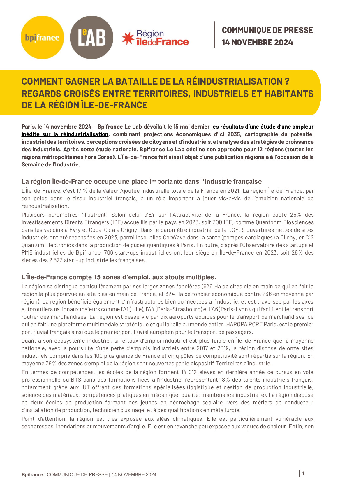 CP IDF -Etude Bpifrance Le Lab – Industrie et Territoires