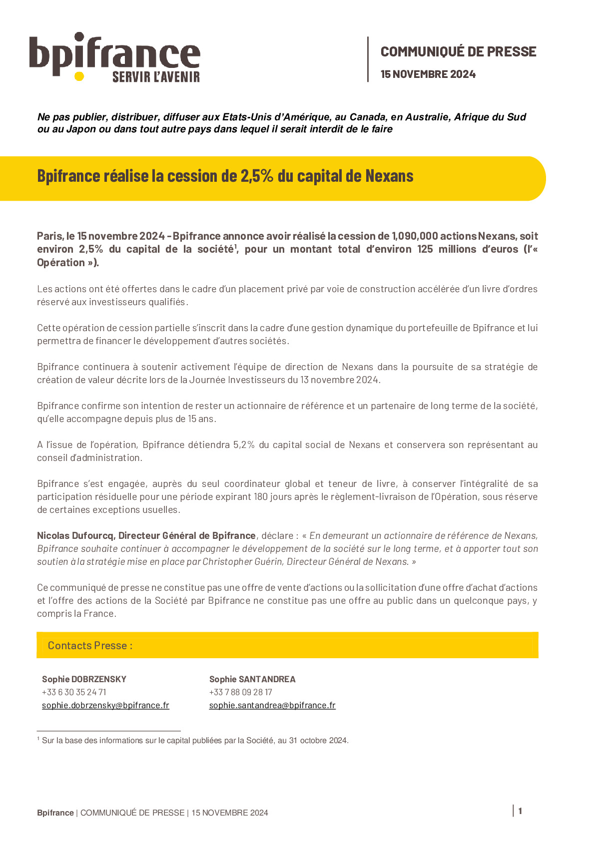 2024 11 15 – Bpifrance réalise la cession de 2,5_ du capital de Nexans