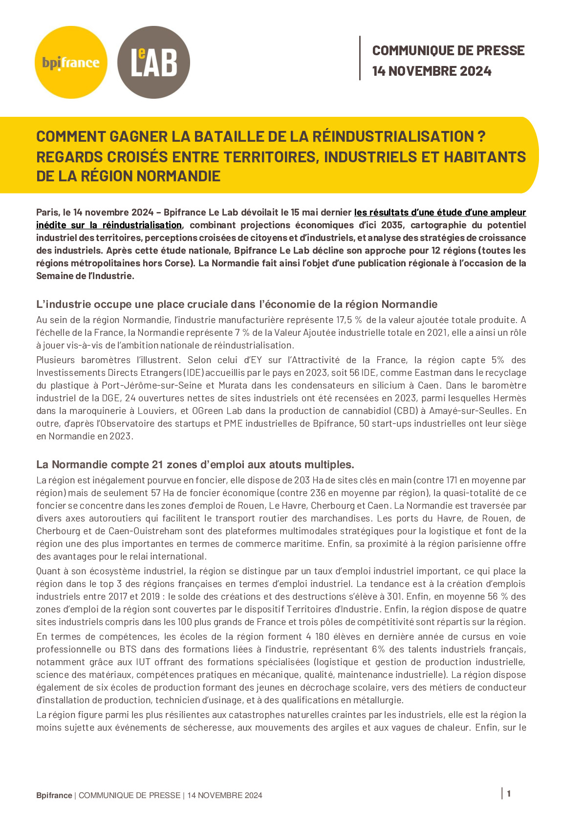 CP Normandie – Etude Bpifrance Le Lab – Industrie et Territoires