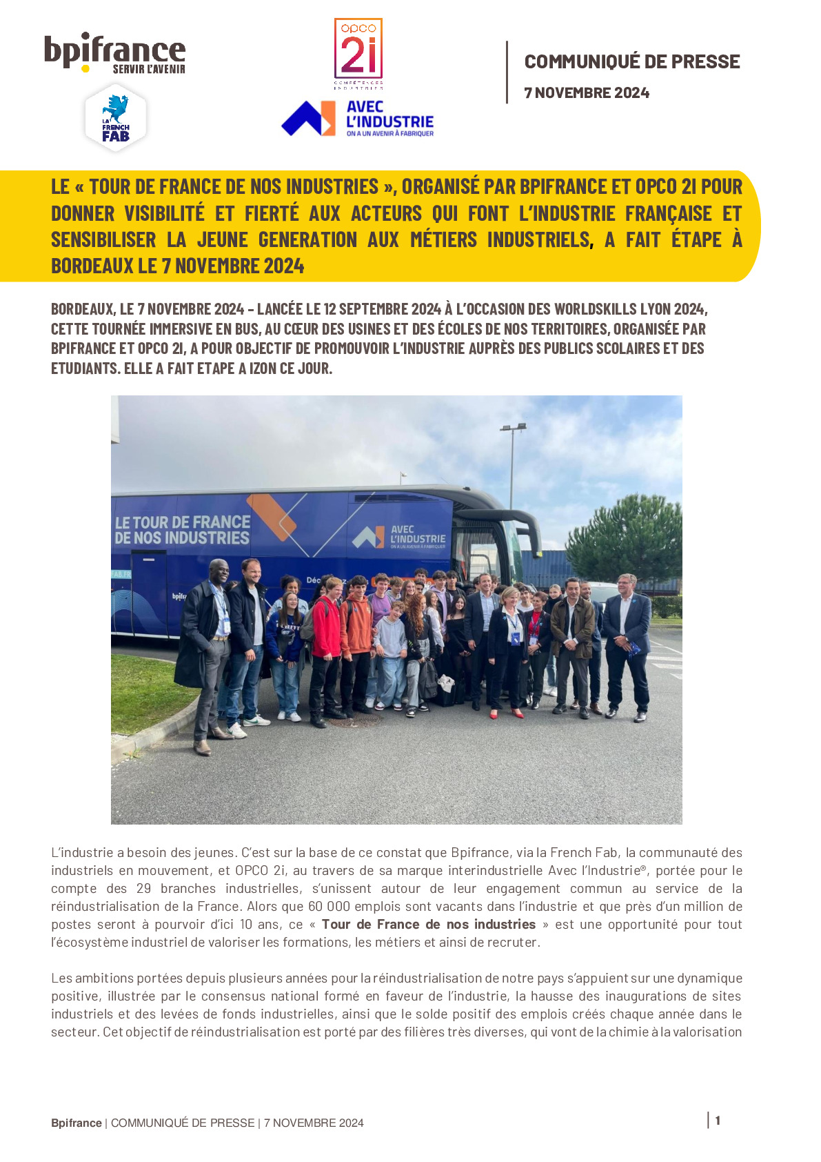 2024 11 07 – LE « TOUR DE FRANCE DE NOS INDUSTRIES », ORGANISÉ PAR BPIFRANCE ET OPCO 2I POUR DONNER VISIBILITÉ ET FIERTÉ AUX ACTEURS QUI FONT L’INDUSTRIE FRANÇAISE ET