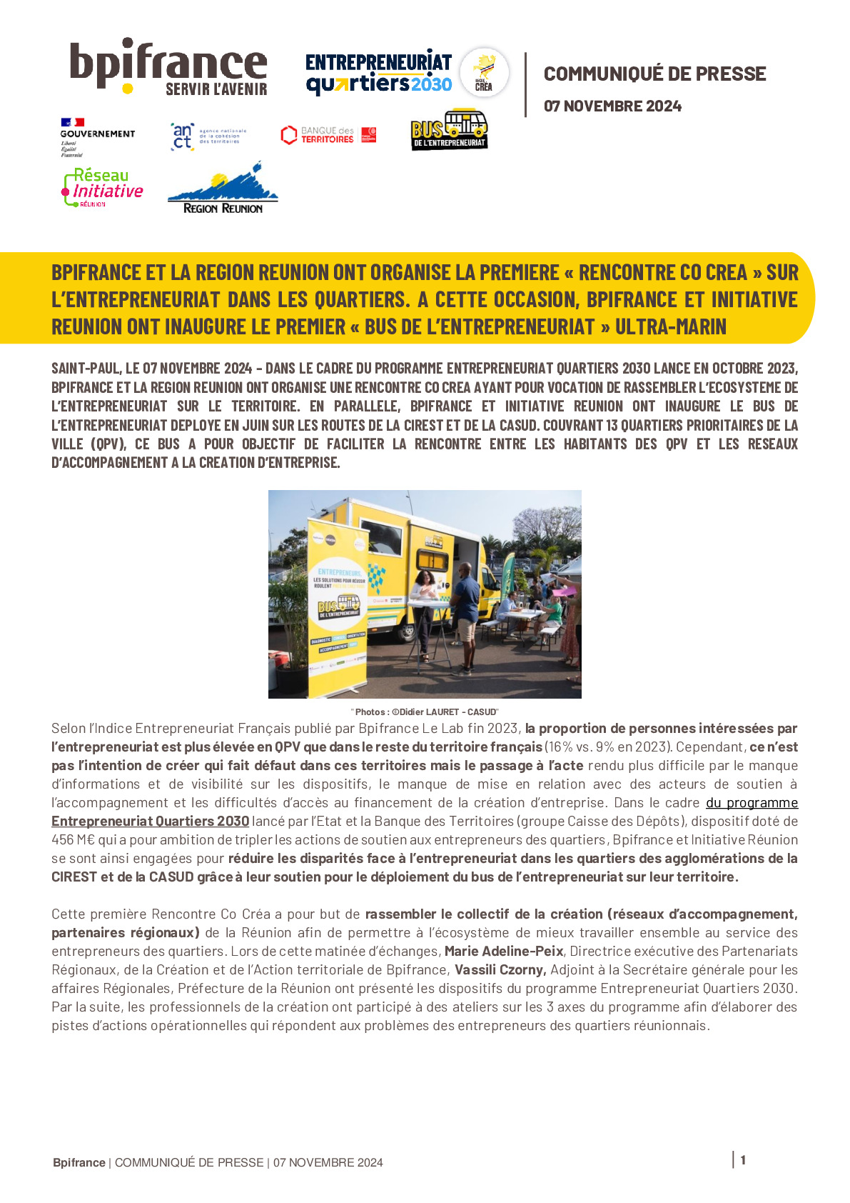 2024 11 07 – CP Bpifrance – La Réunion Première recontre Co Créa sur l’entrepreneuriat dans les quartiers et inauguration du premier bus de l’e