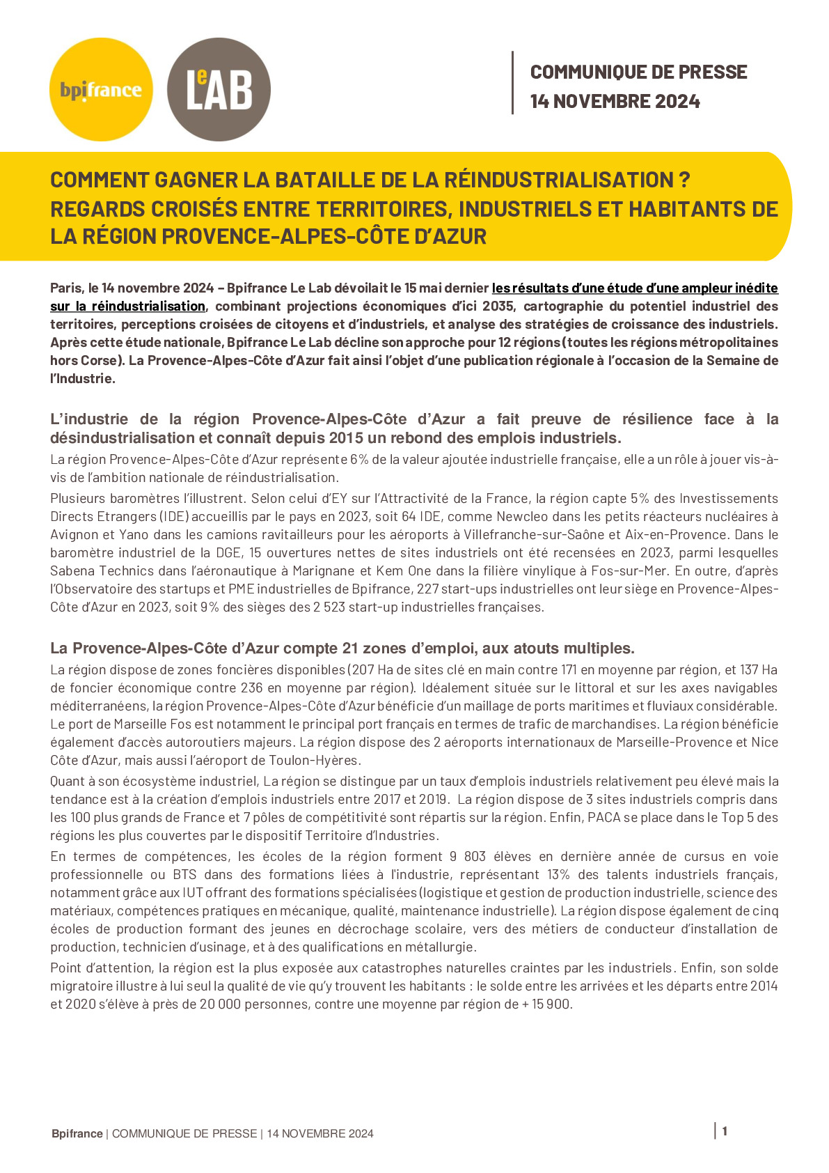 CP PACA – Etude Bpifrance Le Lab – Industrie et Territoires