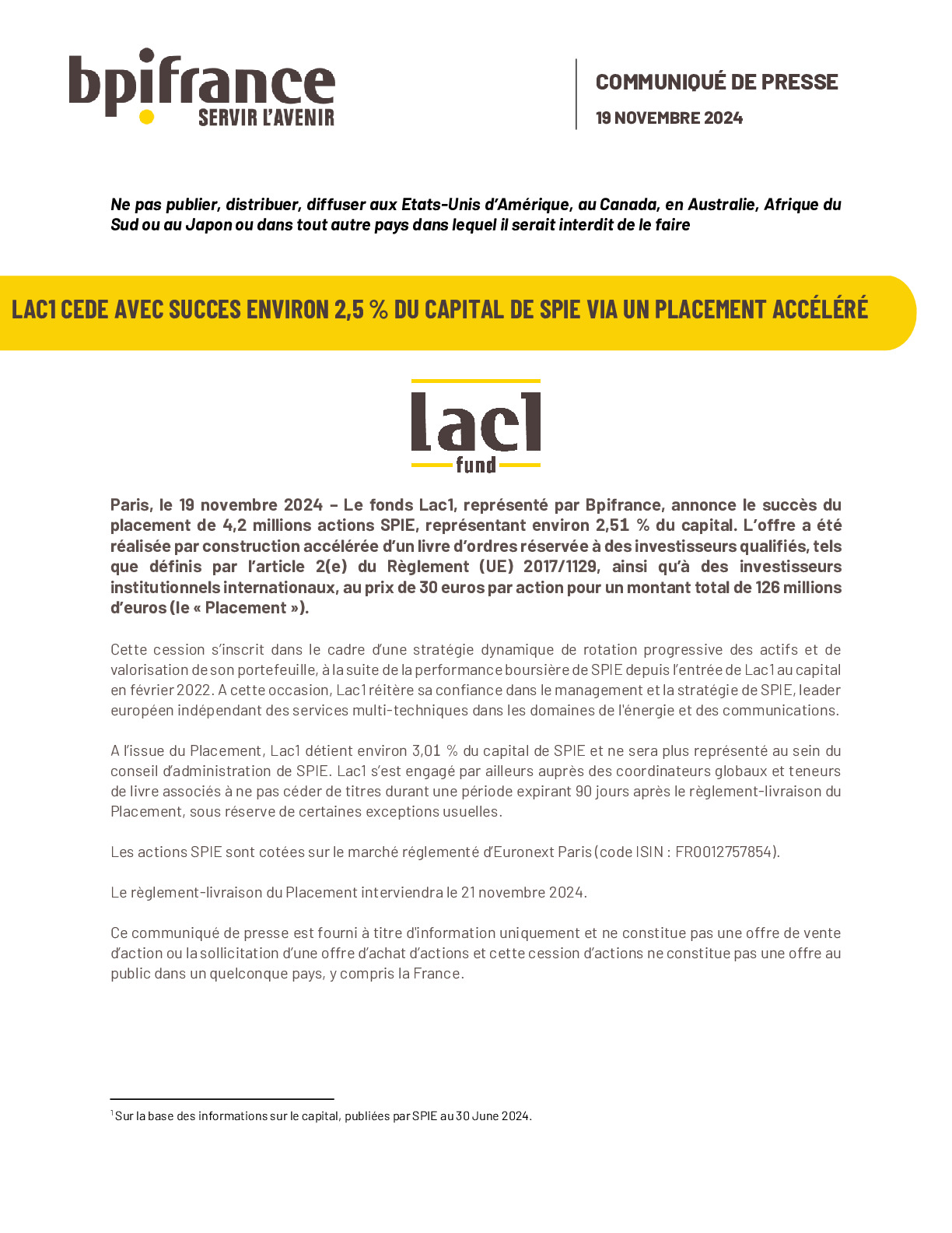 2024 19 11 – CP LAC1 CEDE AVEC SUCCES ENVIRON 2,5 _ DU CAPITAL DE SPIE VIA UN PLACEMENT ACCÉLÉRÉ