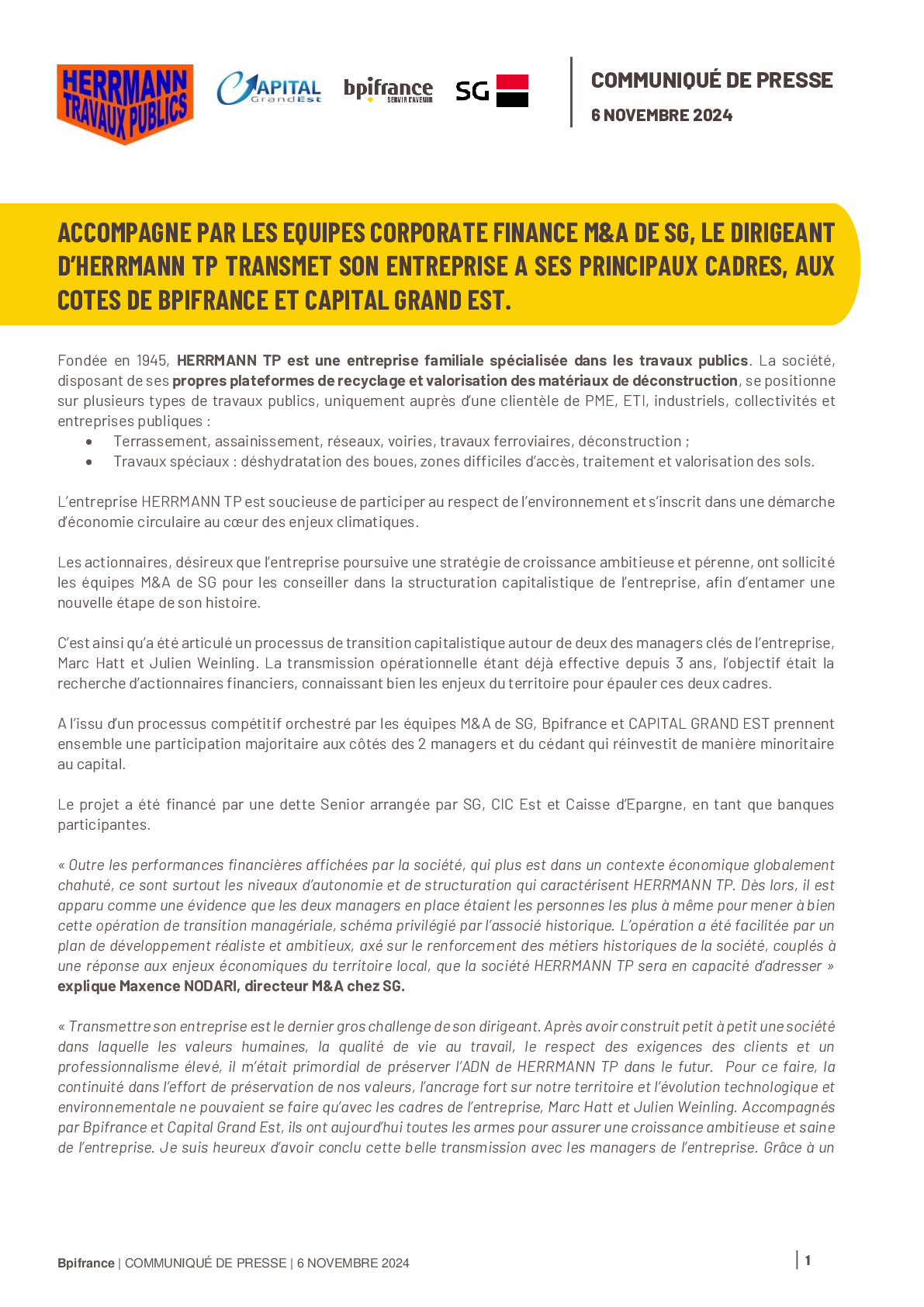 2024 11 06 – Accompagné par les équipes Corporate Finance M_A de SG le dirigeant d’HERRMANN TP transmet son entreprise à ses principaux cadres