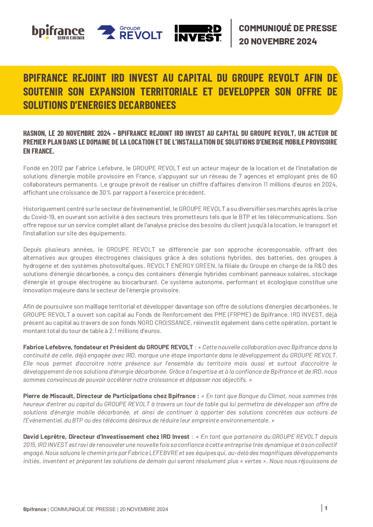 2024 11 20 – Bpifrance – Communiqué de presse – Bpifrance rejoint IRD Invest au capital de Revolt Groupe Vdef