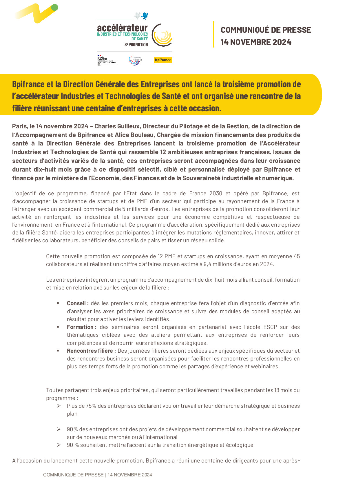 2024 11 14 – CP – Bpifrance et la Direction Générale des Entreprises ont lancé la troisième promotion de l’accélérateur Indust