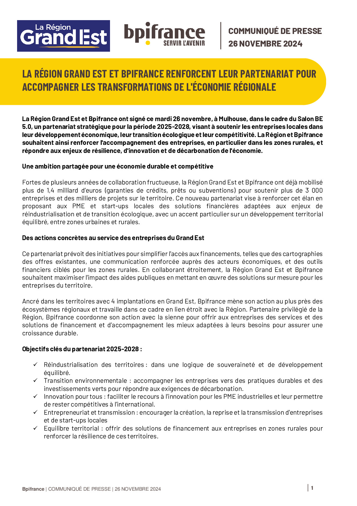 2024 11 26 – LA REGION GRAND EST ET BPIFRANCE RENFORCENT LEUR PARTENARIAT POUR ACCOMPAGNER LES TRANSFORMATIONS DE L’ECONOMIE REGIONALE 