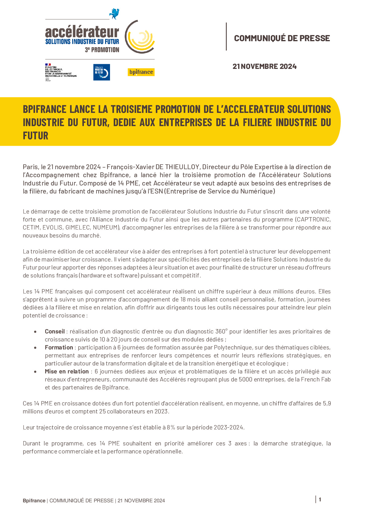 2023 11 21 – CP – Bpifrance lance la troisième promotion de l’accélérateur solutions industrie du futur