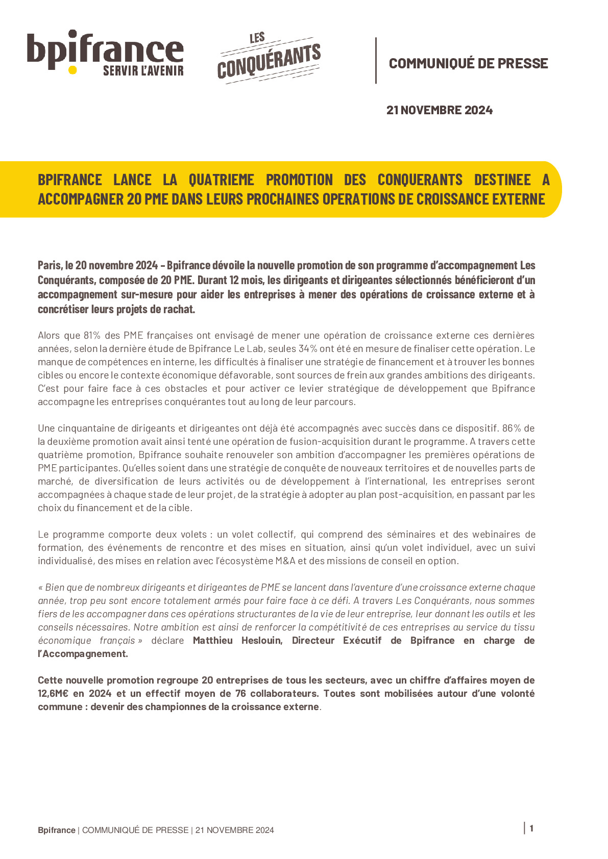 2024 11 21 – CP BPIFRANCE LANCE LA QUATRIEME PROMOTION DES CONQUERANTS DESTINEE A ACCOMPAGNER 20 PME DANS LEURS PROCHAINES OPERATIONS DE CROISSANCE EXTERNE (002)