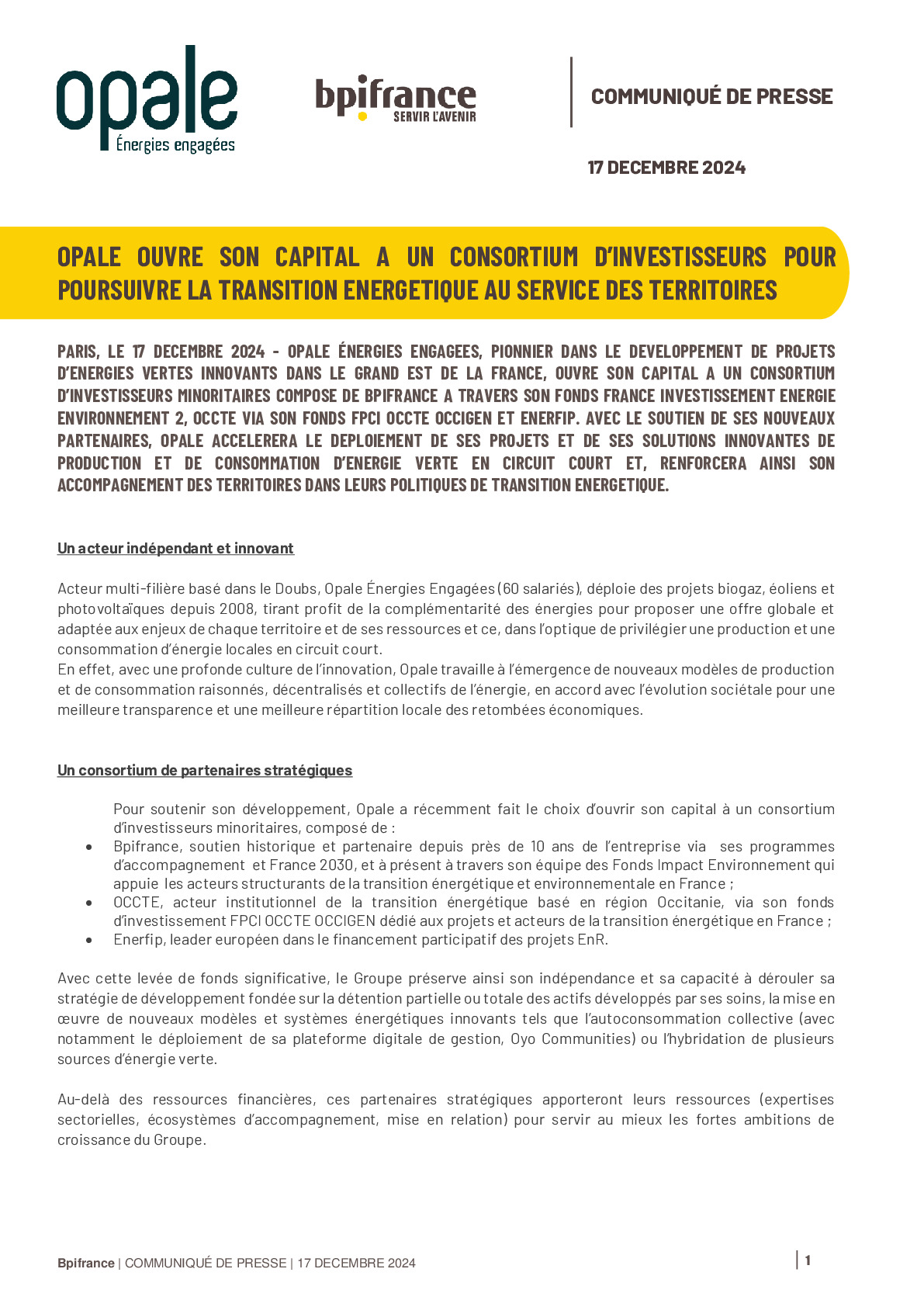 2024 12 17 – Opale ouvre son capital à un consortium d’investisseurs pour poursuivre la transition énergétique au service des territoires