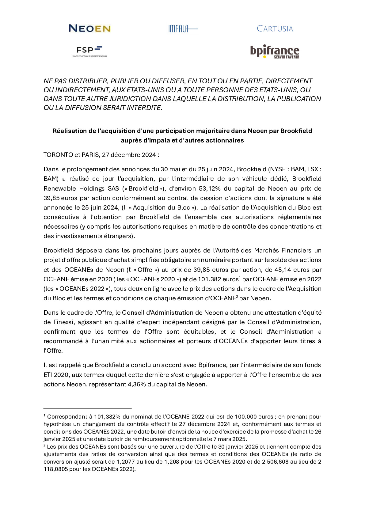 2024 12 27 – CP Réalisation de l’acquisition d’une participation majoritaire dans Neoen par Brookfield auprès d’Impala et d’autres actionnaires