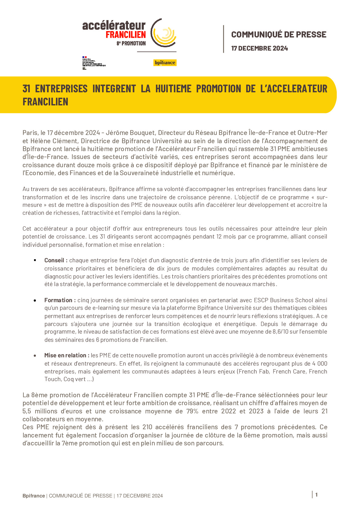 2024 12 17 – 33 ENTREPRISES INTEGRENT LA HUITIEME PROMOTION DE L’ACCELERATEUR FRANCILIEN BPIFRANCE