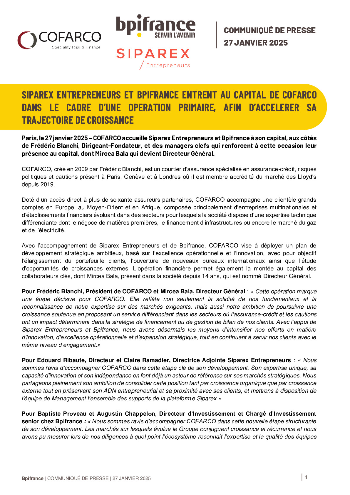 2025 01 27 – CP – SIPAREX ENTREPRENEURS ET BPIFRANCE ENTRENT AU CAPITAL DE COFARCO DANS LE CADRE D’UNE OPERATION PRIMAIRE, AFIN D’ACCELERER SA TRAJECTOIRE DE CROISSANCE