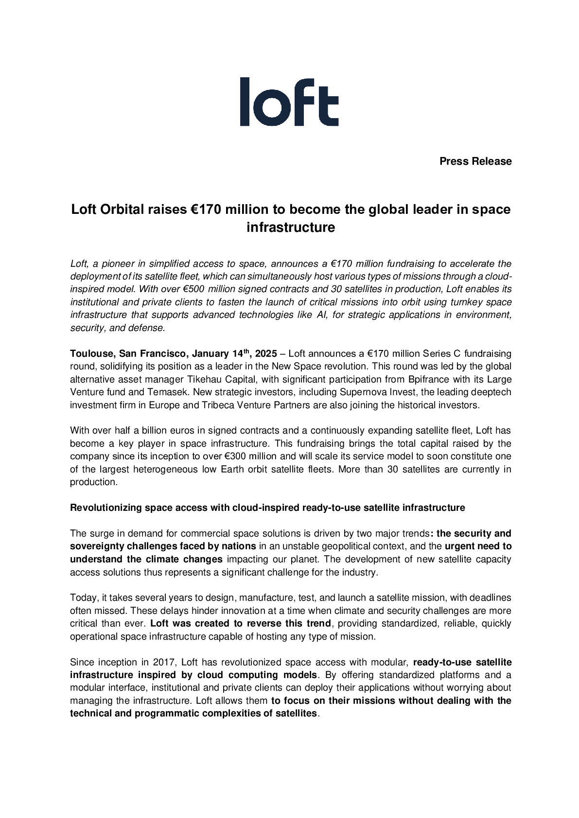 Press release – Loft Orbital raises €170 million to become the global leader in space infrastructure