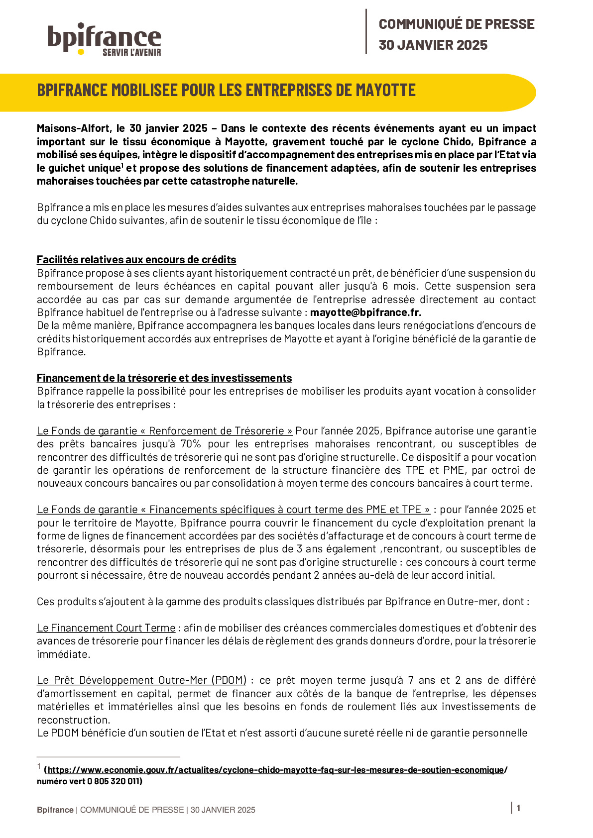 2025 01 30 – CP Bpifrance – Bpifrance se mobilise en faveur des entreprises de Mayotte