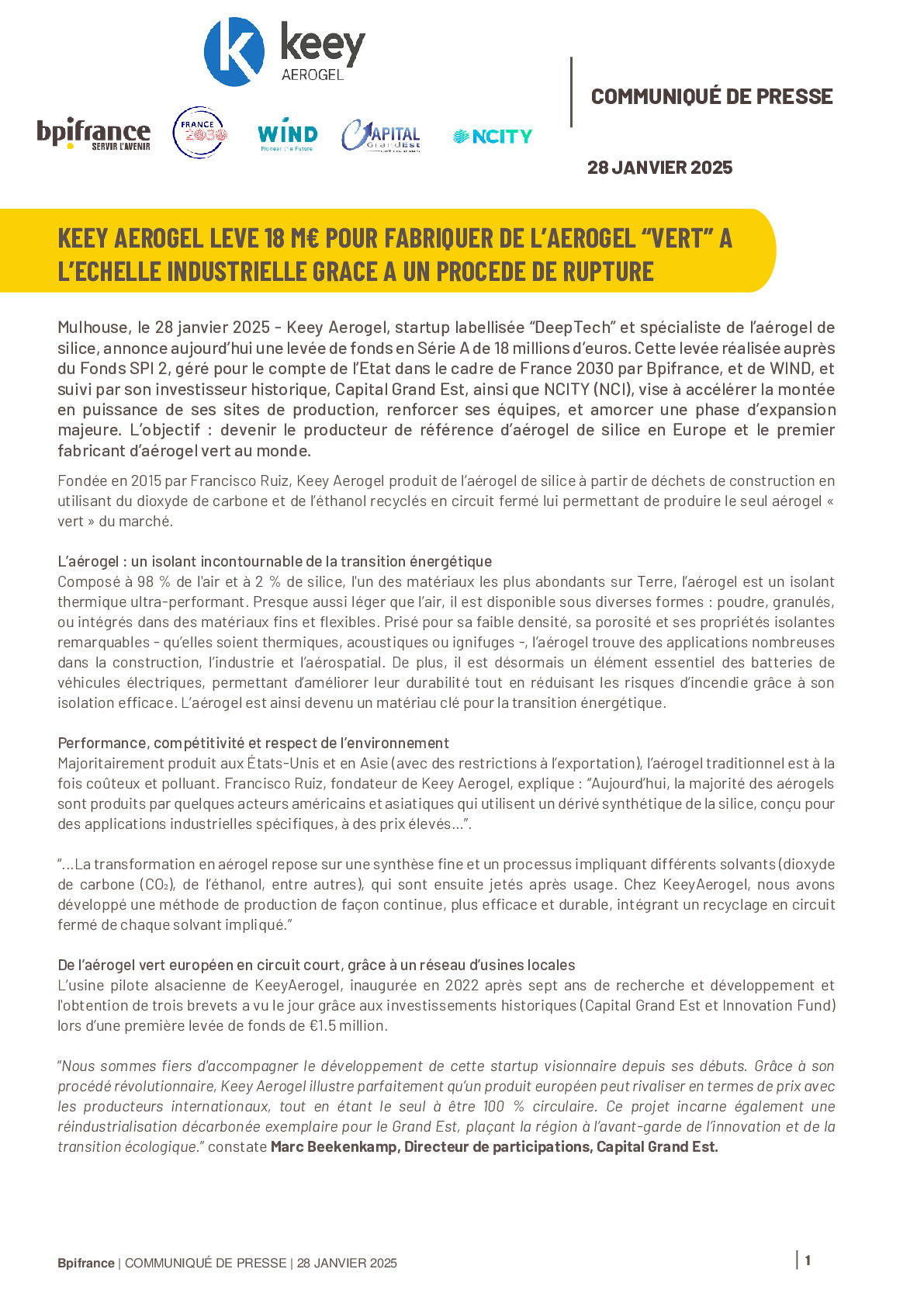 CP Bpifrance 2025 01 28 Keey Aerogel lève 18 M€ pour fabriquer de l’aérogel “vert” à l’échelle industrielle