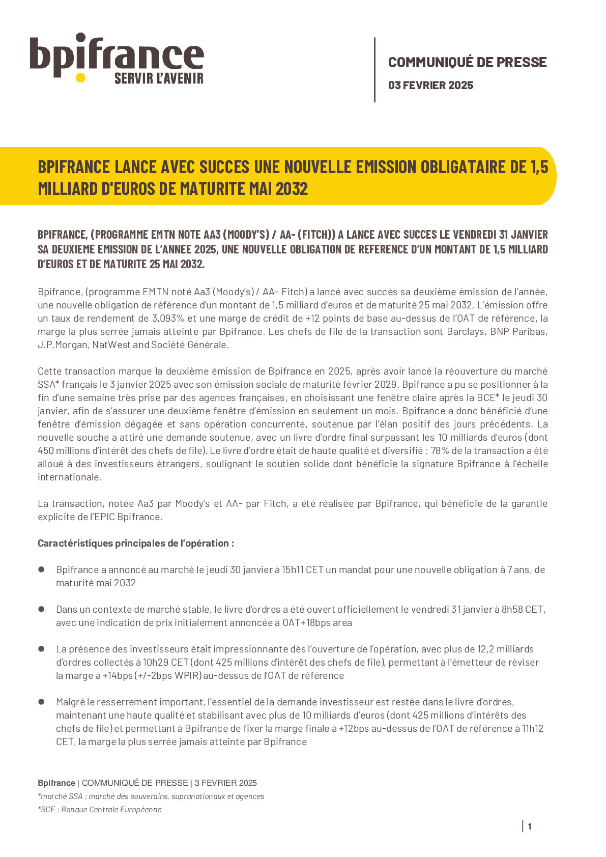 2025 02 03 – CP Emission Obligataire Bpifrance (FR)