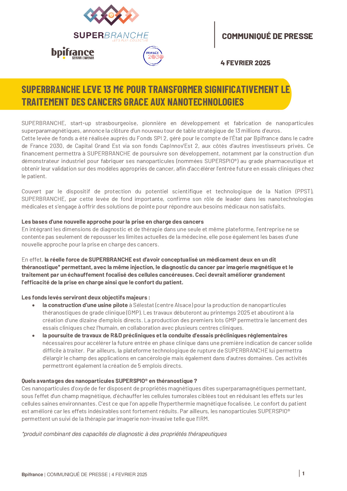 2025 02 04 – SUPERBRANCHE lève 13 M€ pour transformer significativement le traitement des cancers grâce aux nanotechnologies