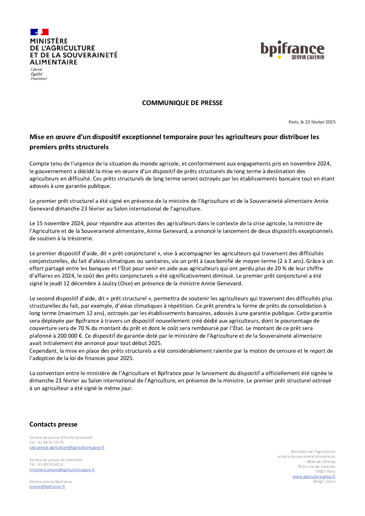 2025 02 23 – Mise en œuvre d’un dispositif exceptionnel temporaire pour les agriculteurs pour distribuer les premiers prêts structurels