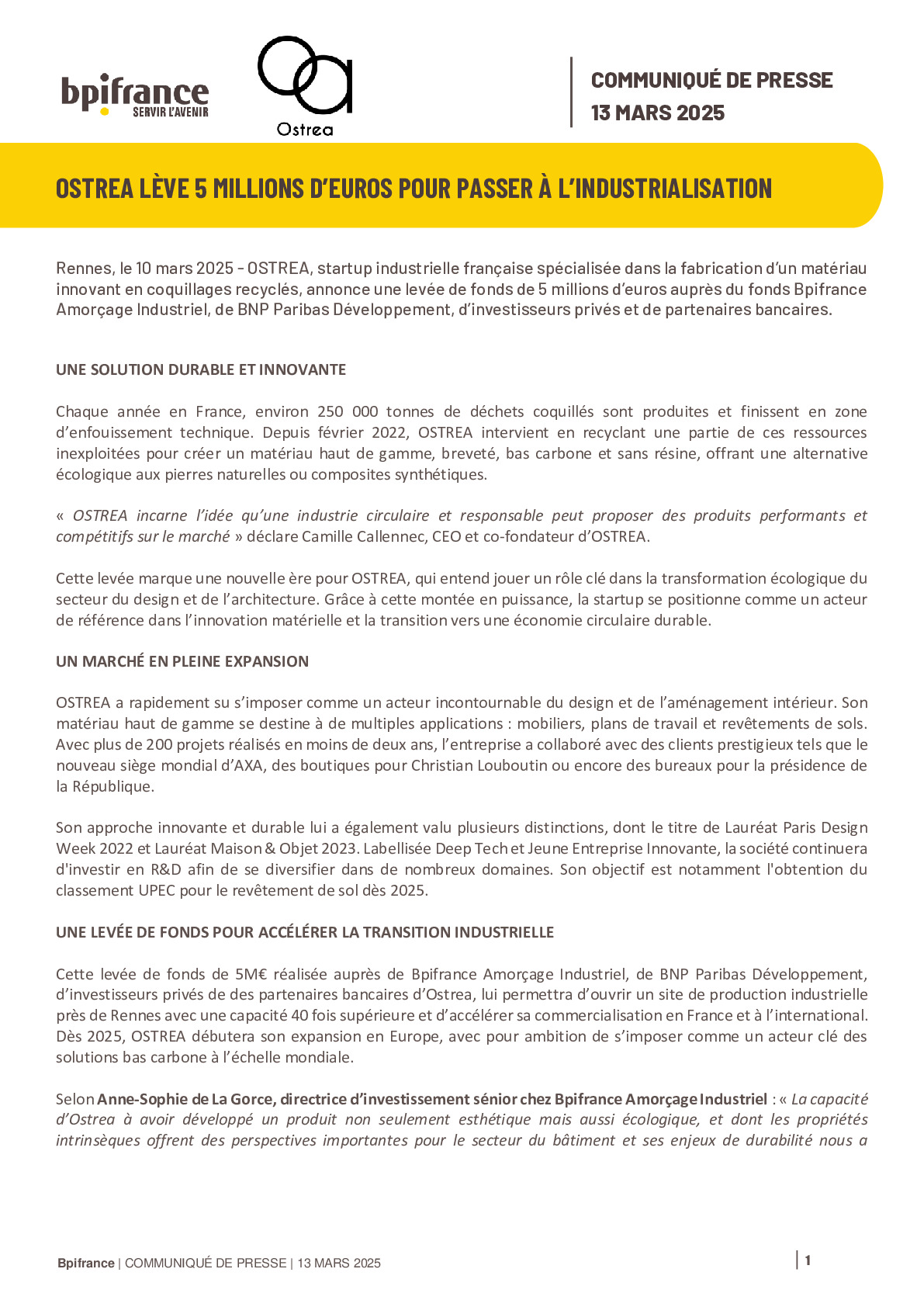 2025 03 13 – CP – OSTREA LÈVE 5 MILLIONS D’EUROS POUR PASSER À L’INDUSTRIALISATION