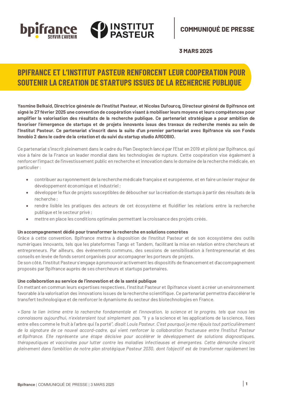 2025 03 03 CP – Bpifrance et l’Institut Pasteur renforcent leur coopération pour soutenir la création de startups issues de la recherche publique