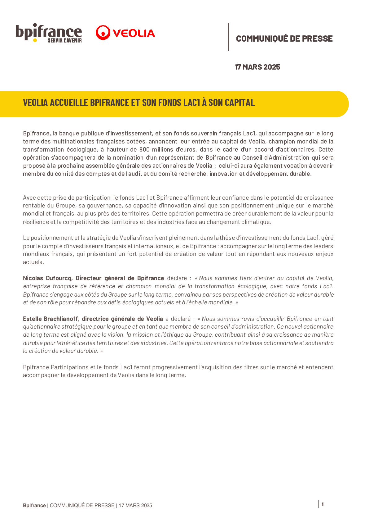 2025 03 17 – CP Veolia accueille Bpifrance et son fonds Lac1 à son capital