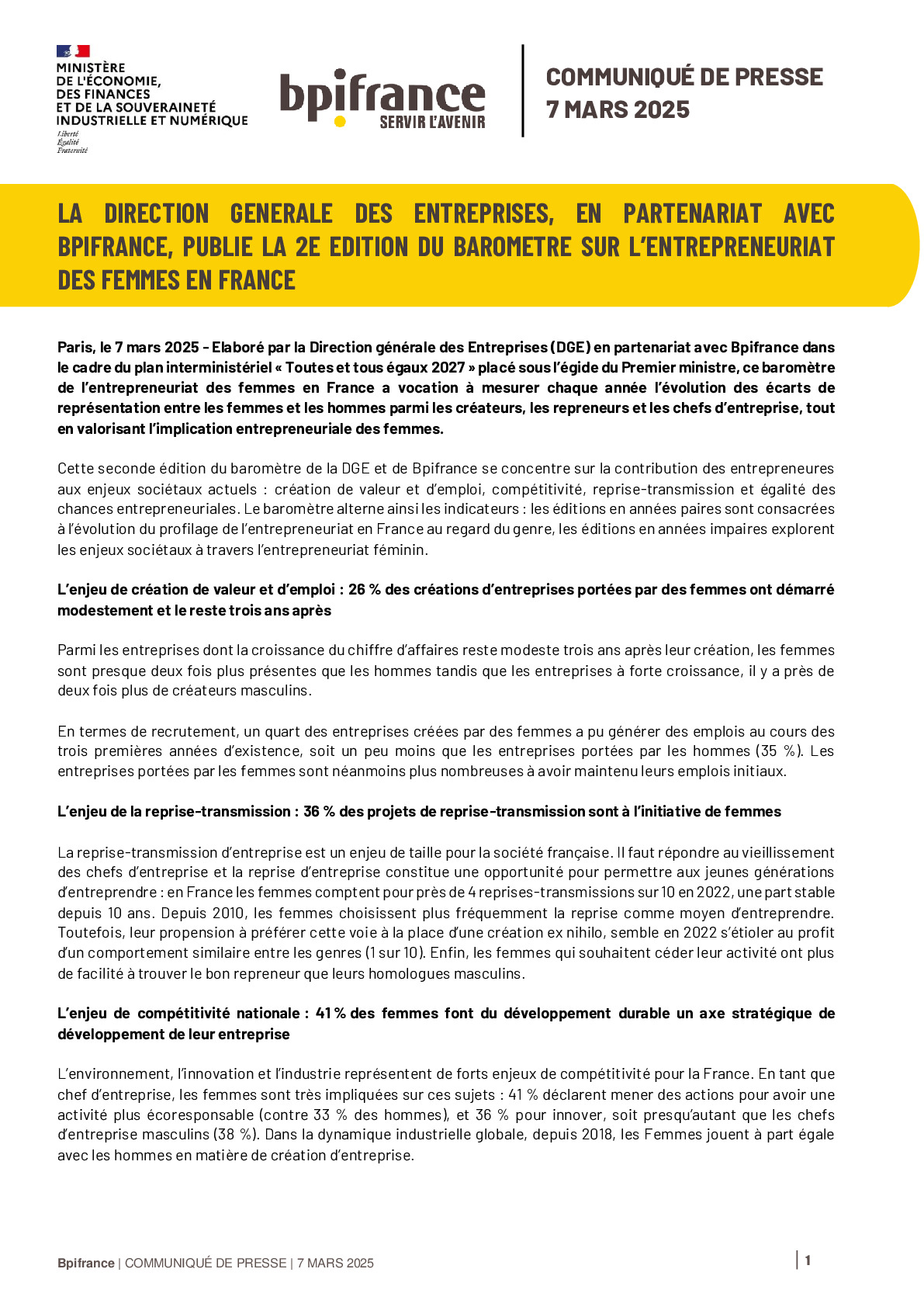 2025 03 07 – LA DIRECTION GENERALE DES ENTREPRISES, EN PARTENARIAT AVEC BPIFRANCE, PUBLIE LA 2E EDITION DU BAROMETRE SUR L’ENTREPRENEURIAT DES FEMMES EN