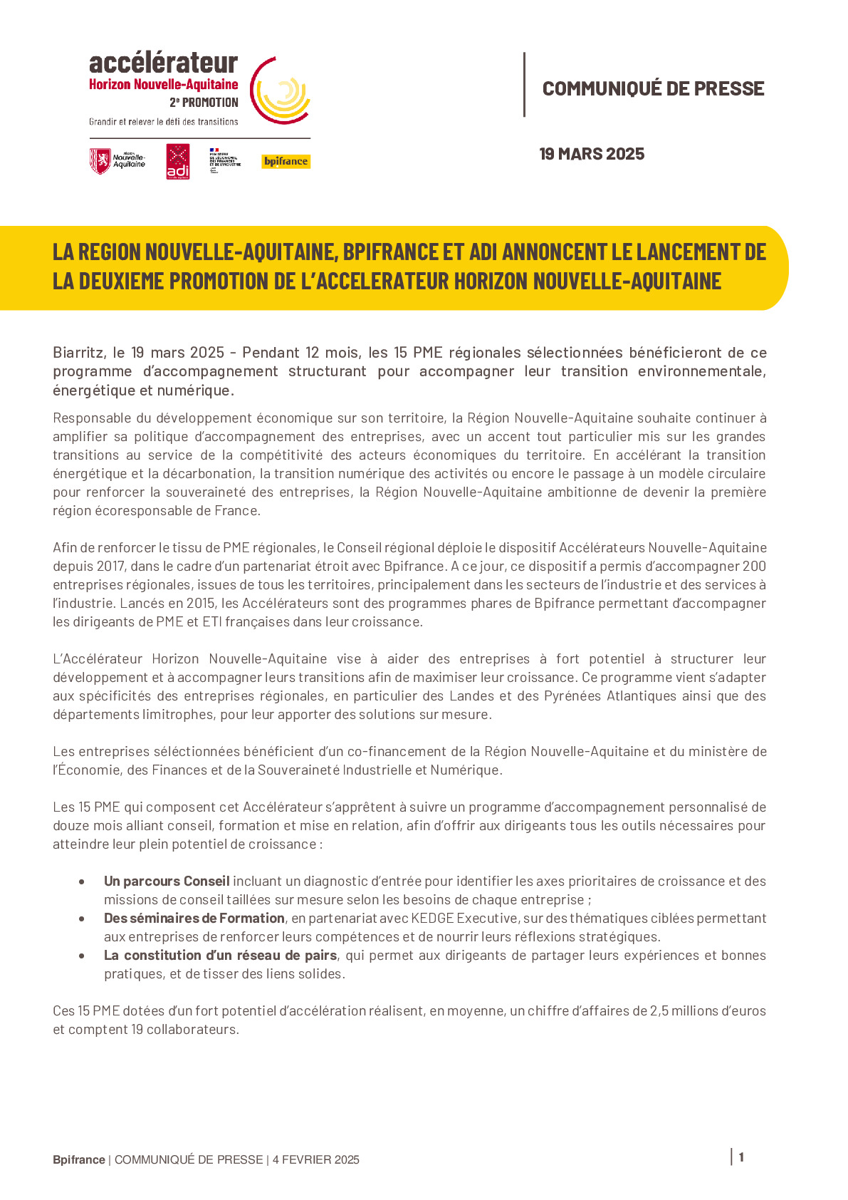 2025 03 19 – CP LA REGION NOUVELLE-AQUITAINE, BPIFRANCE ET ADI ANNONCENT LE LANCEMENT DE LA DEUXIEME PROMOTION DE L’ACCELERATEUR HORIZON NOUVELLE-AQUITAINE