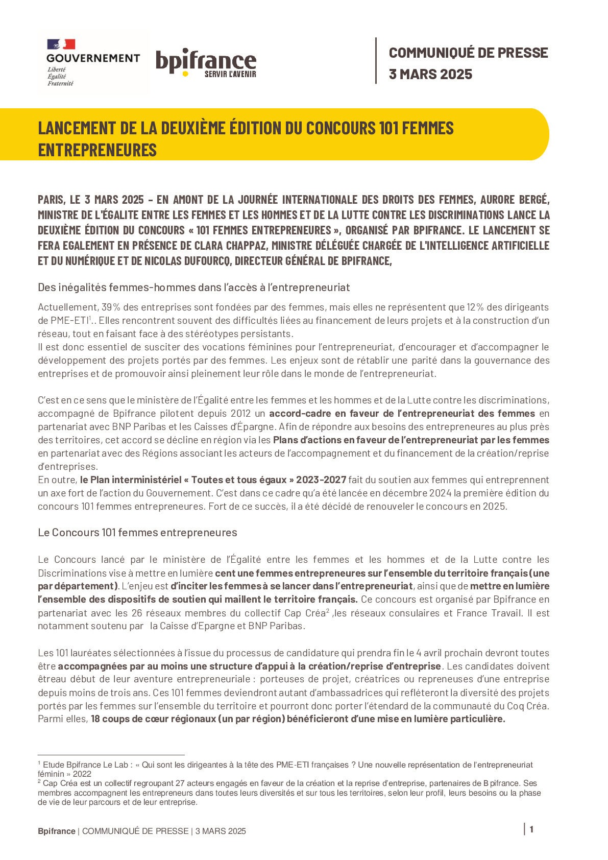 2025 03 03 – Communiqué de presse – LANCEMENT DE LA DEUXIÈME ÉDITION DU CONCOURS 101 FEMMES ENTREPRENEURES