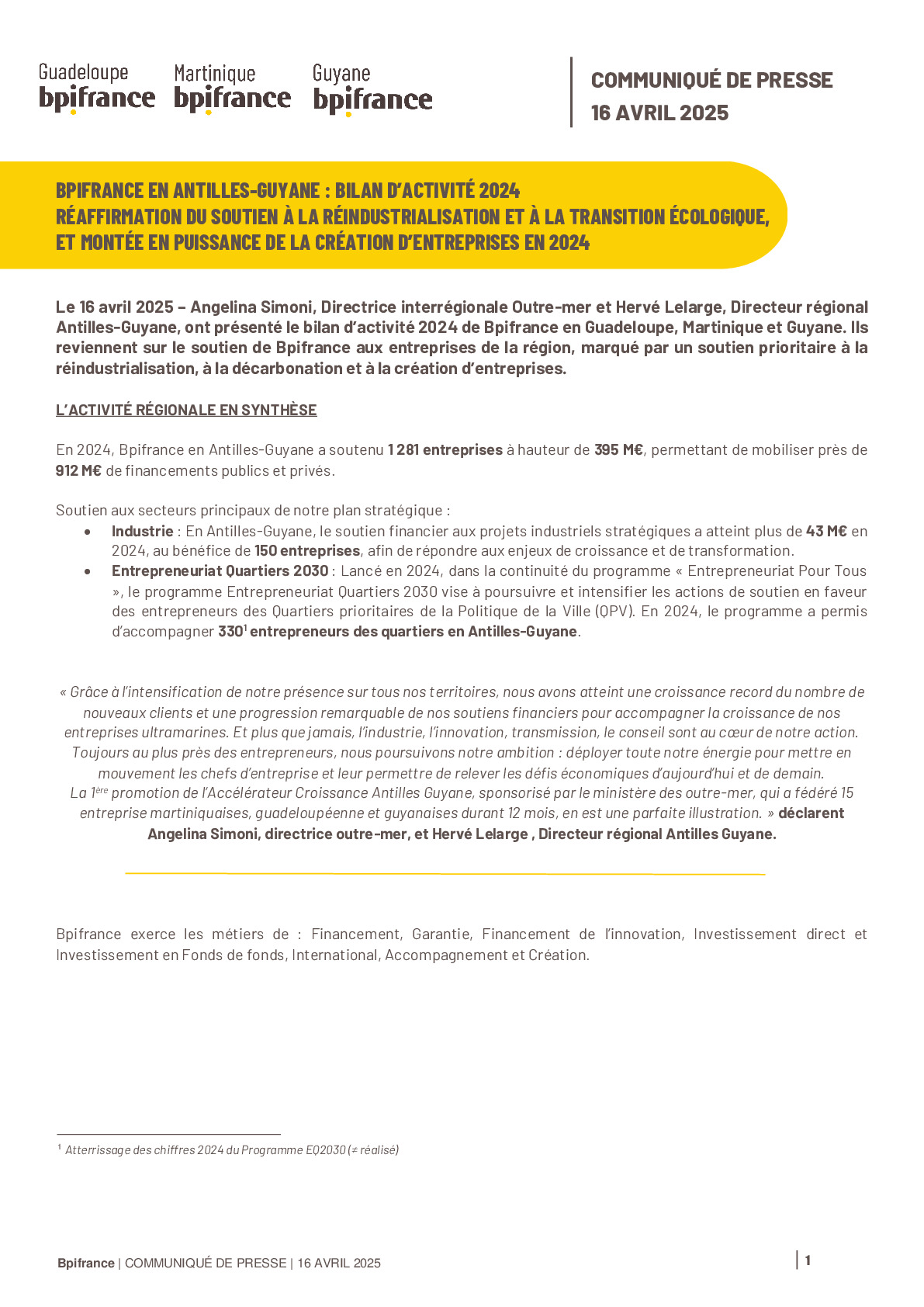 2025 04 16 – CP – Bilan d’activité 2024 – Bpifrance en Antilles-Guyane