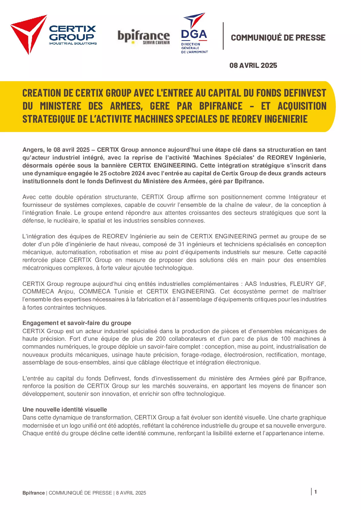 2025 04 08 – CP Definvest entre au capital de Certix