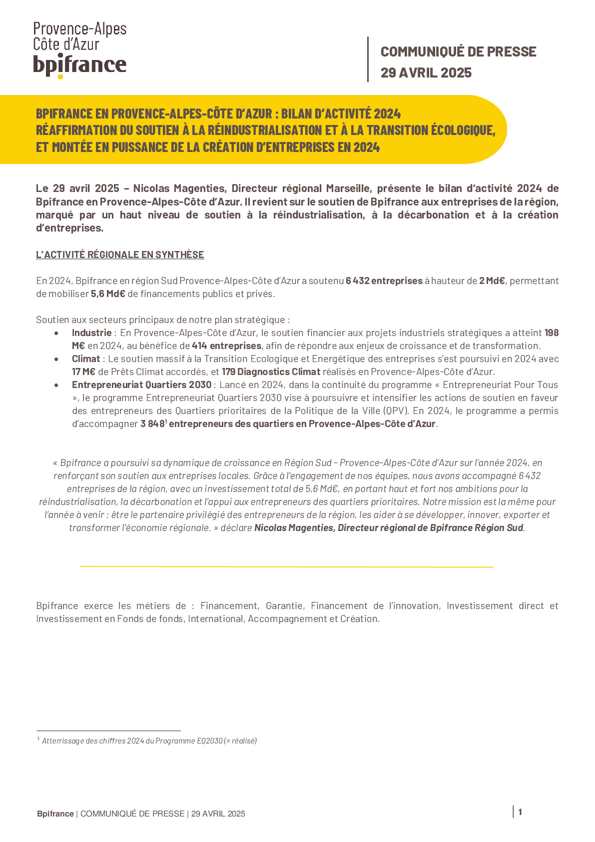 2025 04 29 – CP Bilan d’activité 2024 Bpifrance en Provence-Alpes-Côte d’Azur