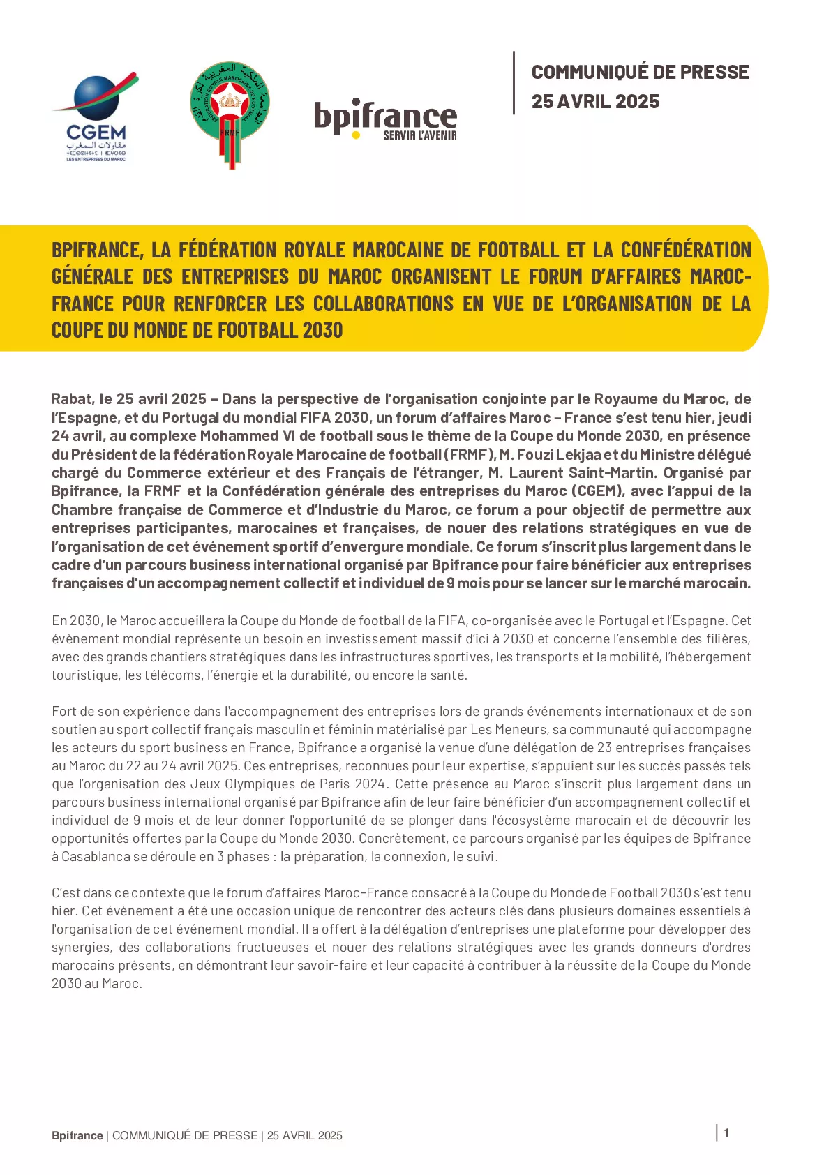 2025 04 25 CP – Coupe du Monde de football 2030 – Forum d’affaires Maroc-France