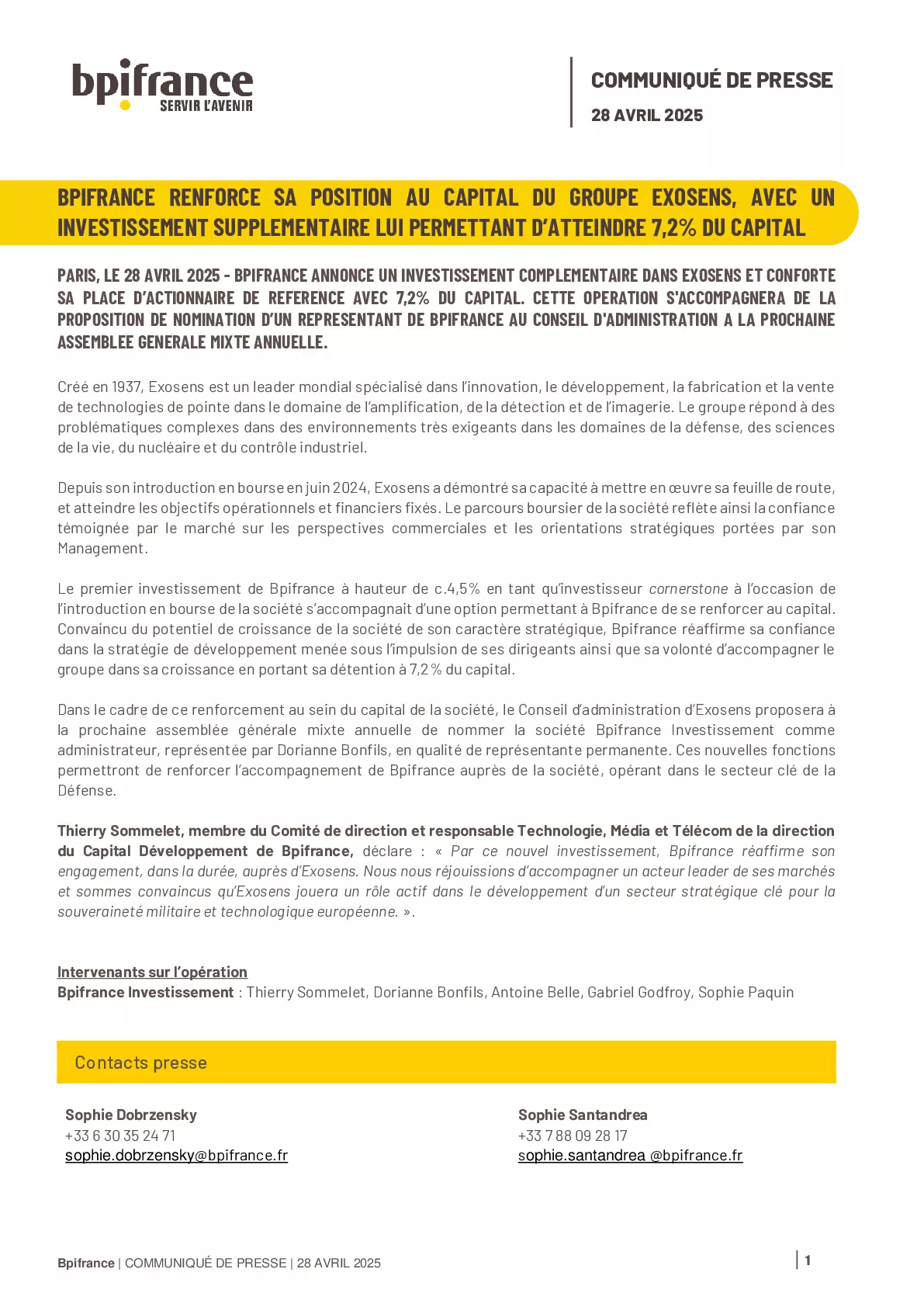 2025 04 28 – CP Bpifrance renforce sa position au capital du groupe Exosens, avec un investissement supplémentaire lui permettant d’atteindre 7,2 pourcent du capital
